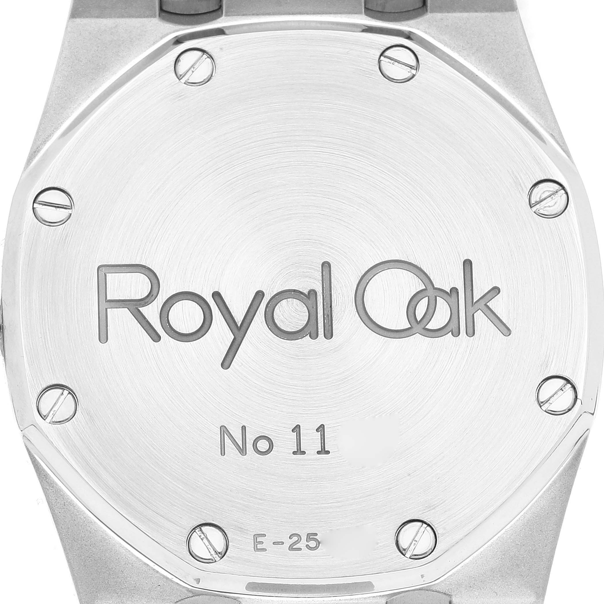 The image shows the rear cover of the Audemars Piguet Royal Oak 15000ST.OO.0789ST.05 Men's Stainless Steel Blue Dial 15000ST.OO.0789ST.05 Men's Stainless Steel Blue Dial watch, displaying the model details and serial number.