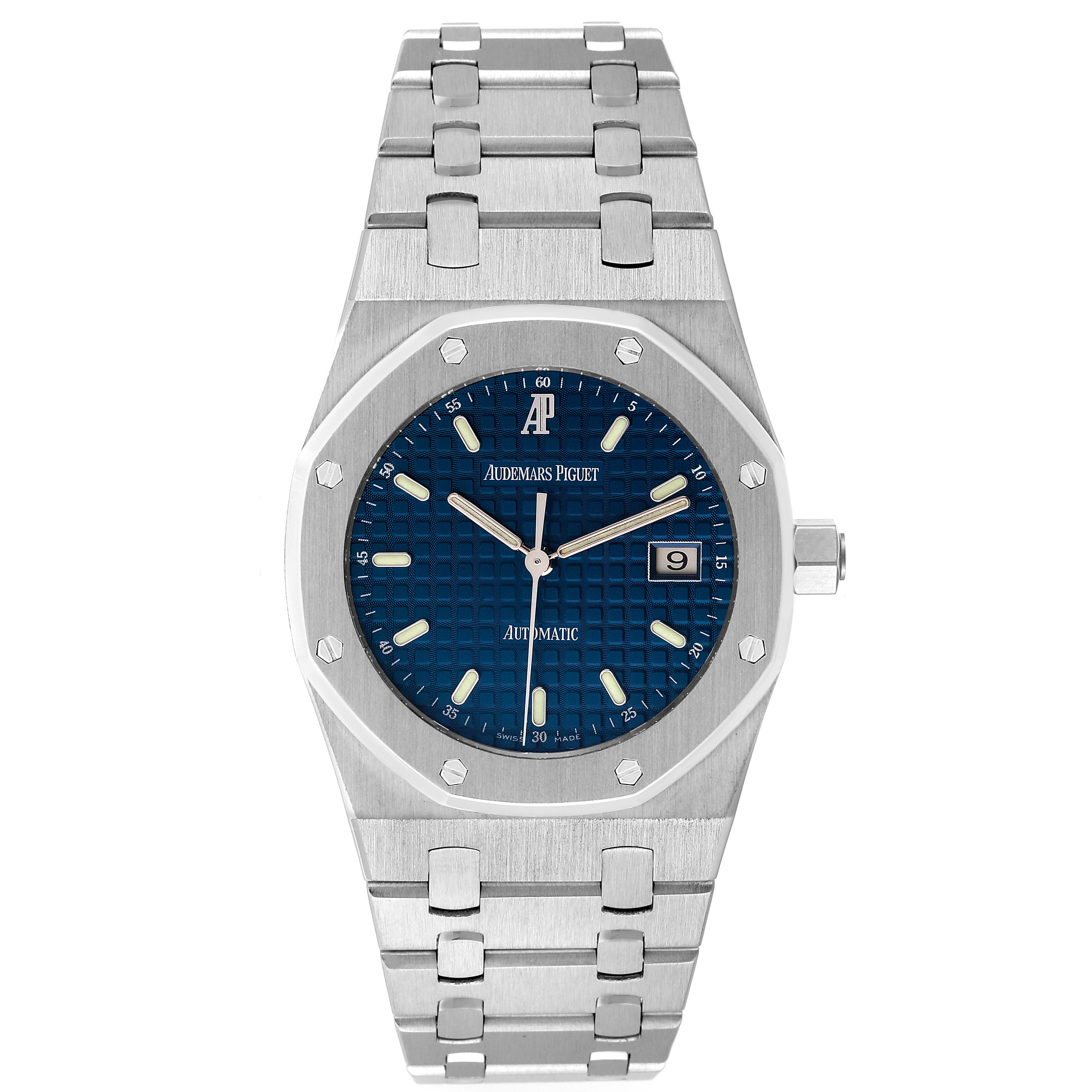 The image shows the front of an Audemars Piguet Royal Oak 15000ST.OO.0789ST.05 Men's Stainless Steel Blue Dial 15000ST.OO.0789ST.05 Men's Stainless Steel Blue Dial watch, highlighting the blue dial, octagonal bezel, and stainless steel bracelet.