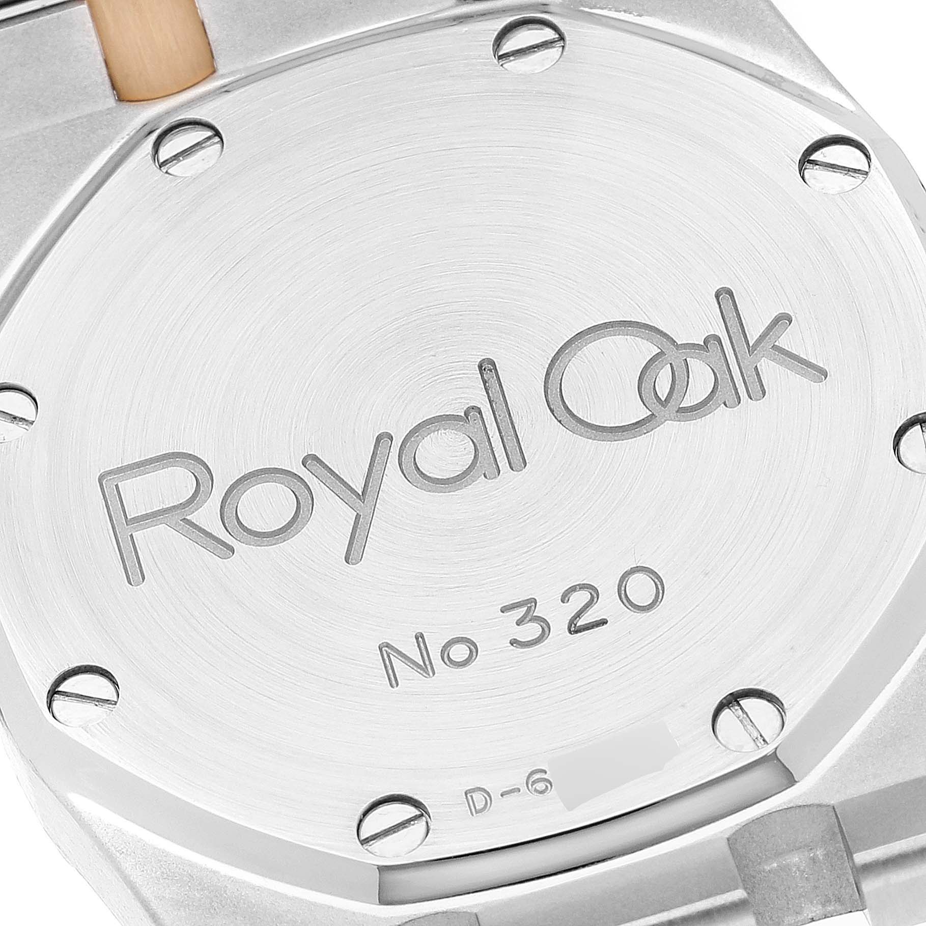 The image shows the case back of an Audemars Piguet Royal Oak 15000SA.OO.0789SA.02 Men's Steel and Gold (two tone) Champagne Dial 15000SA.OO.0789SA.02 Men's Steel and Gold (two tone) Champagne Dial watch from a top-down angle.