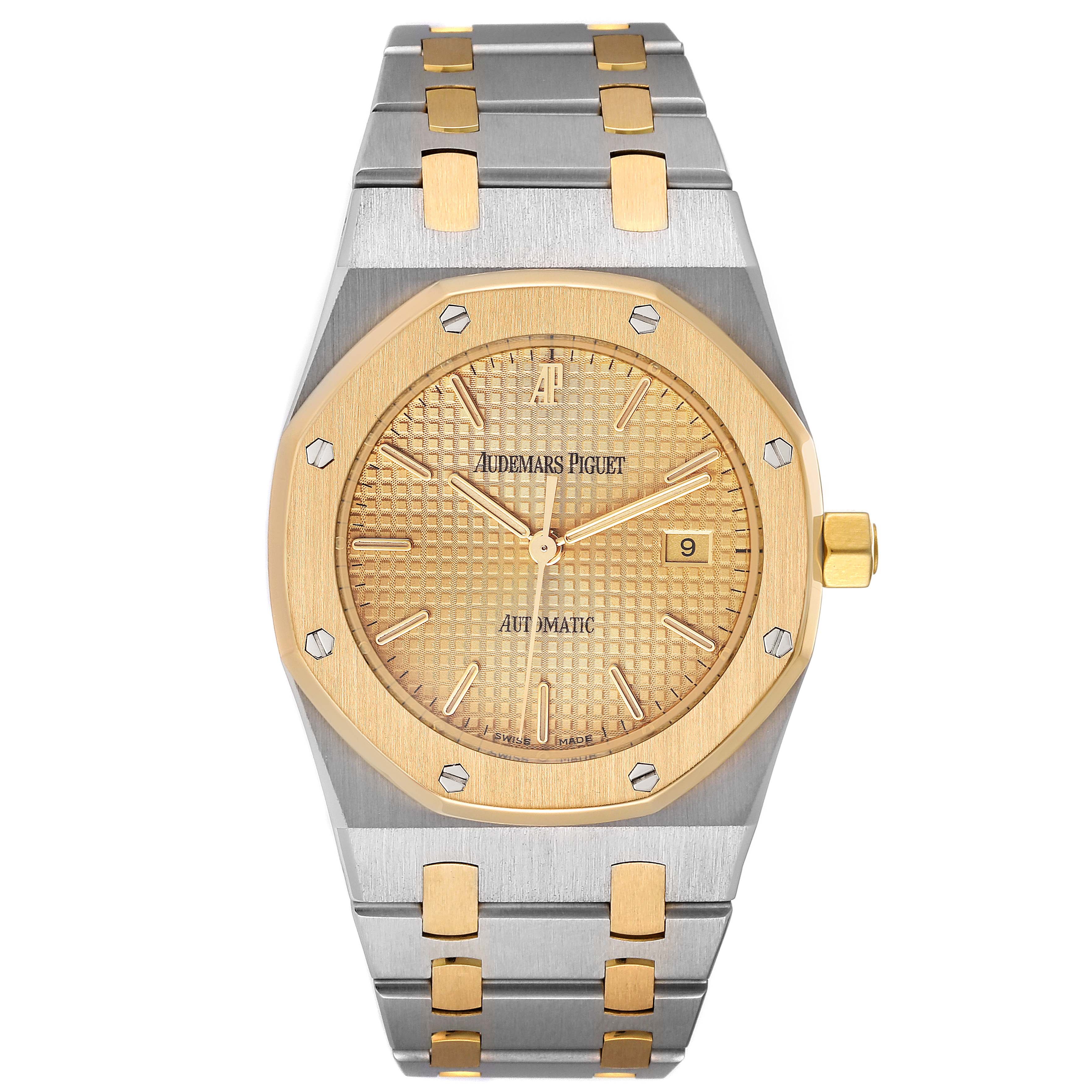 The image shows a front view of an Audemars Piguet Royal Oak 15000SA.OO.0789SA.02 Men's Steel and Gold (two tone) Champagne Dial 15000SA.OO.0789SA.02 Men's Steel and Gold (two tone) Champagne Dial watch, highlighting its gold and stainless steel design.