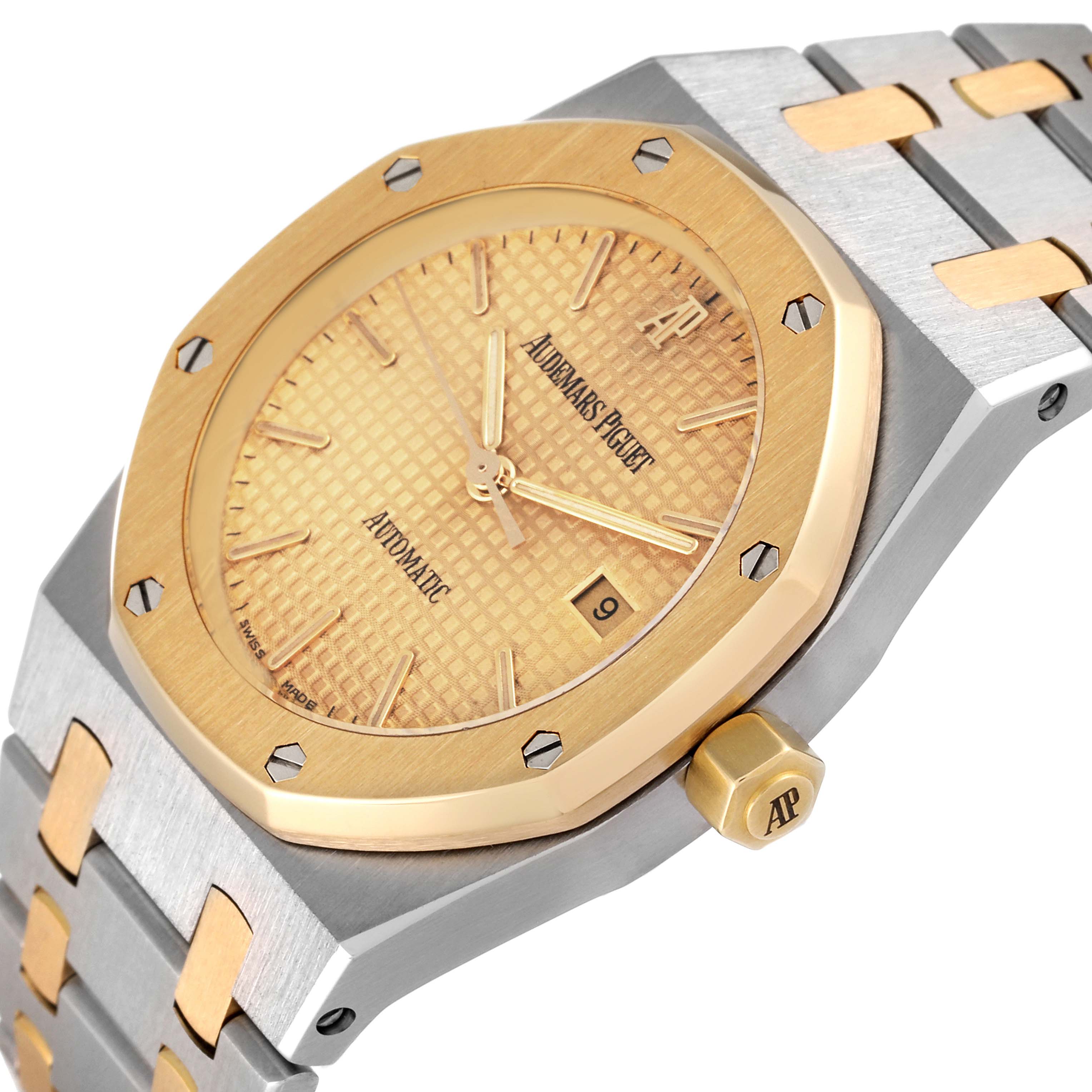 The image shows a close-up angle of a Royal Oak by Audemars Piguet, highlighting the dial, bezel, and part of the bracelet.