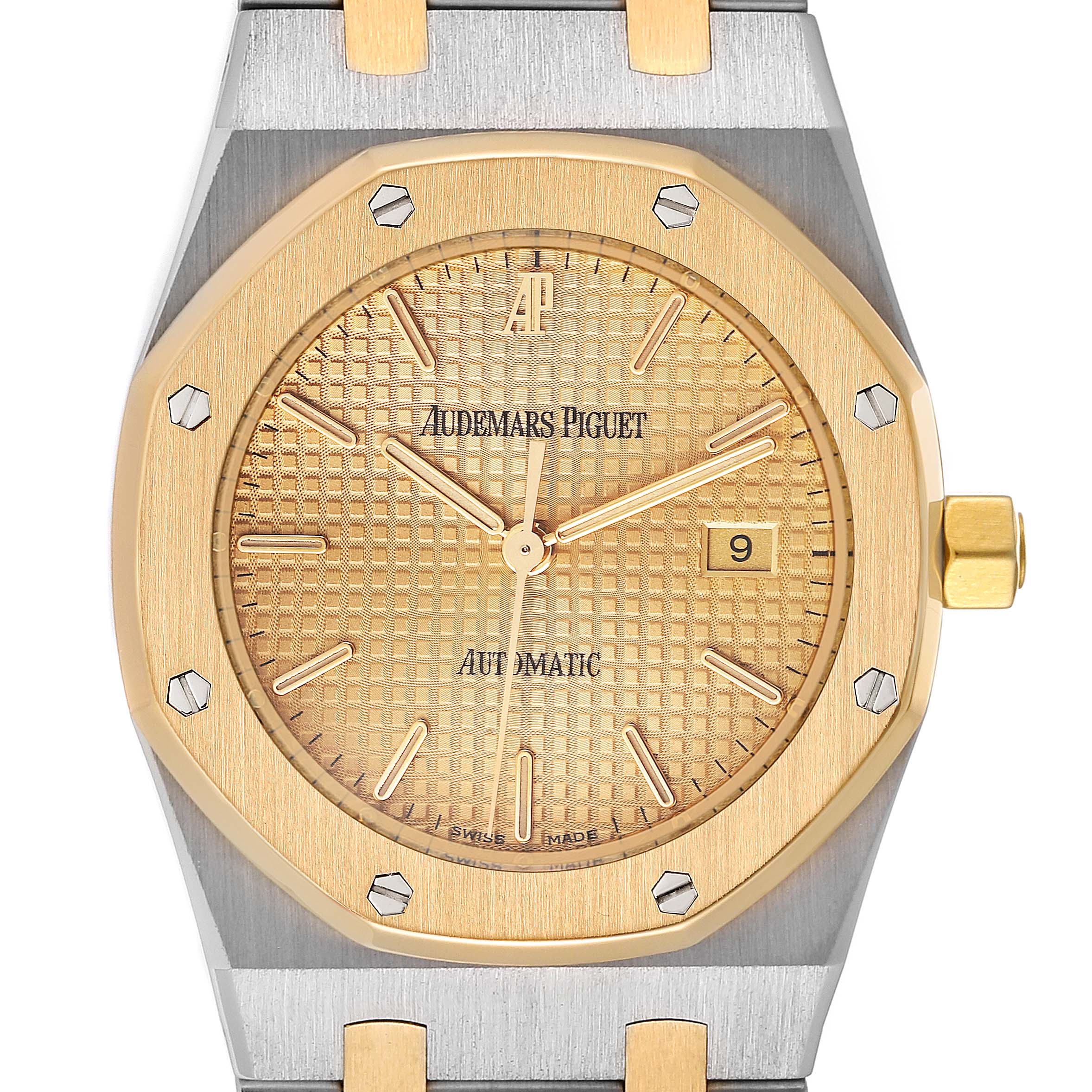 The image shows a front view of the Audemars Piguet Royal Oak 15000SA.OO.0789SA.02 Men's Steel and Gold (two tone) Champagne Dial 15000SA.OO.0789SA.02 Men's Steel and Gold (two tone) Champagne Dial watch, highlighting the dial, bezel, and part of the bracelet.