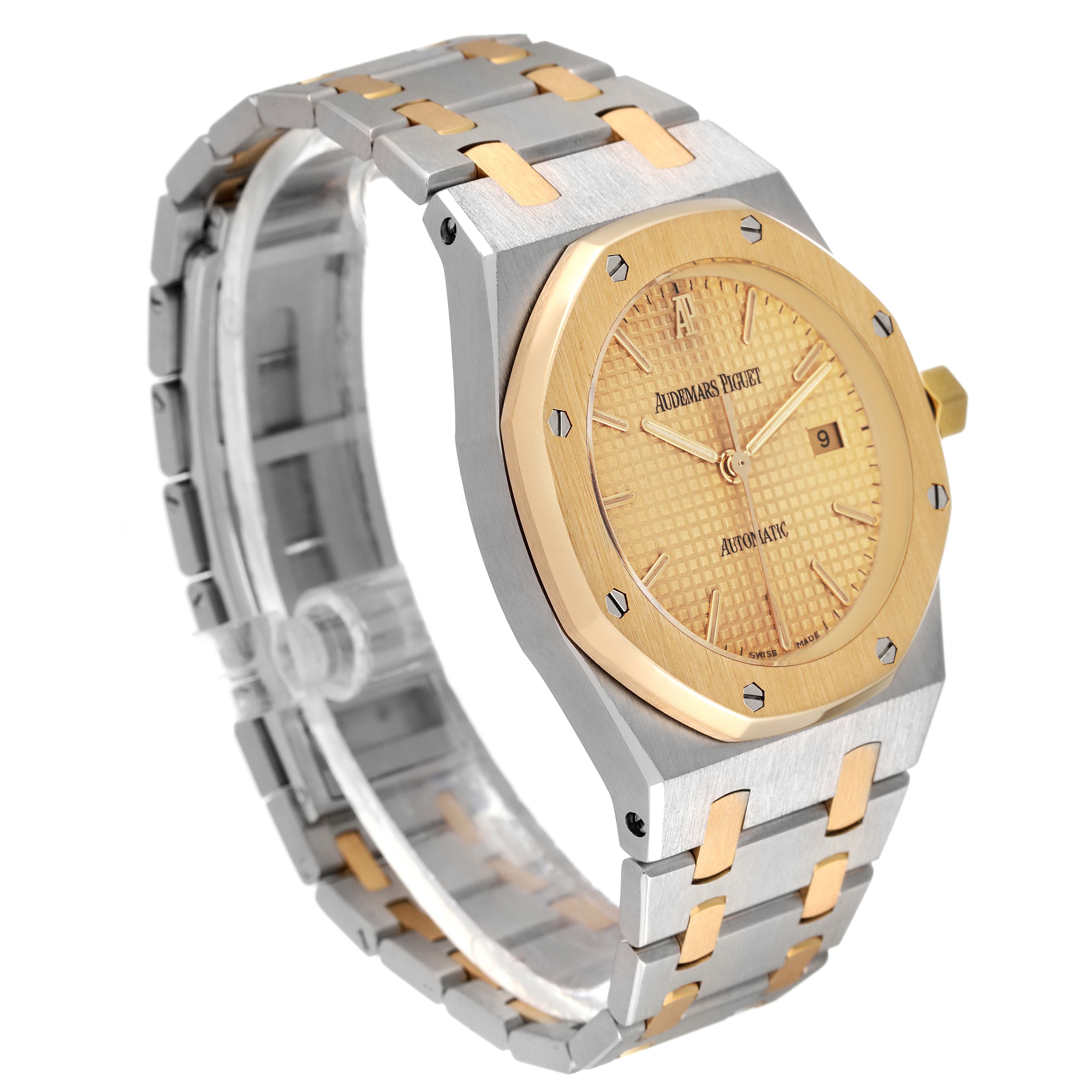 The angle shows a side and front view of the Audemars Piguet Royal Oak 15000SA.OO.0789SA.02 Men's Steel and Gold (two tone) Champagne Dial 15000SA.OO.0789SA.02 Men's Steel and Gold (two tone) Champagne Dial watch, highlighting its gold dial, bezel, and two-tone bracelet.