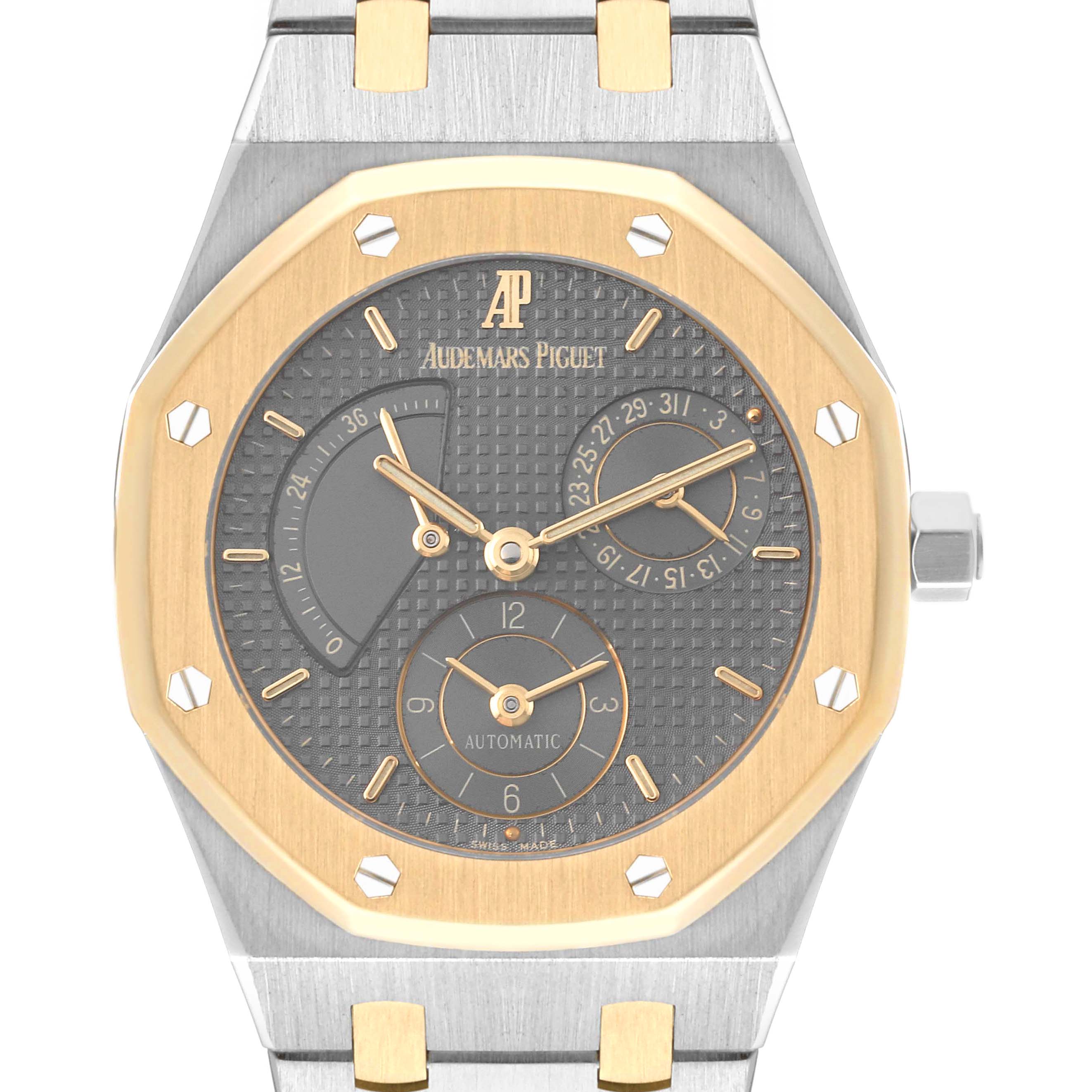 This image shows a front view of the Audemars Piguet Royal Oak 25730SA.01.078 Men's Steel and Gold (two tone) Grey Dial 25730SA.01.078 Men's Steel and Gold (two tone) Grey Dial watch, highlighting its dial, bezel, and bracelet.