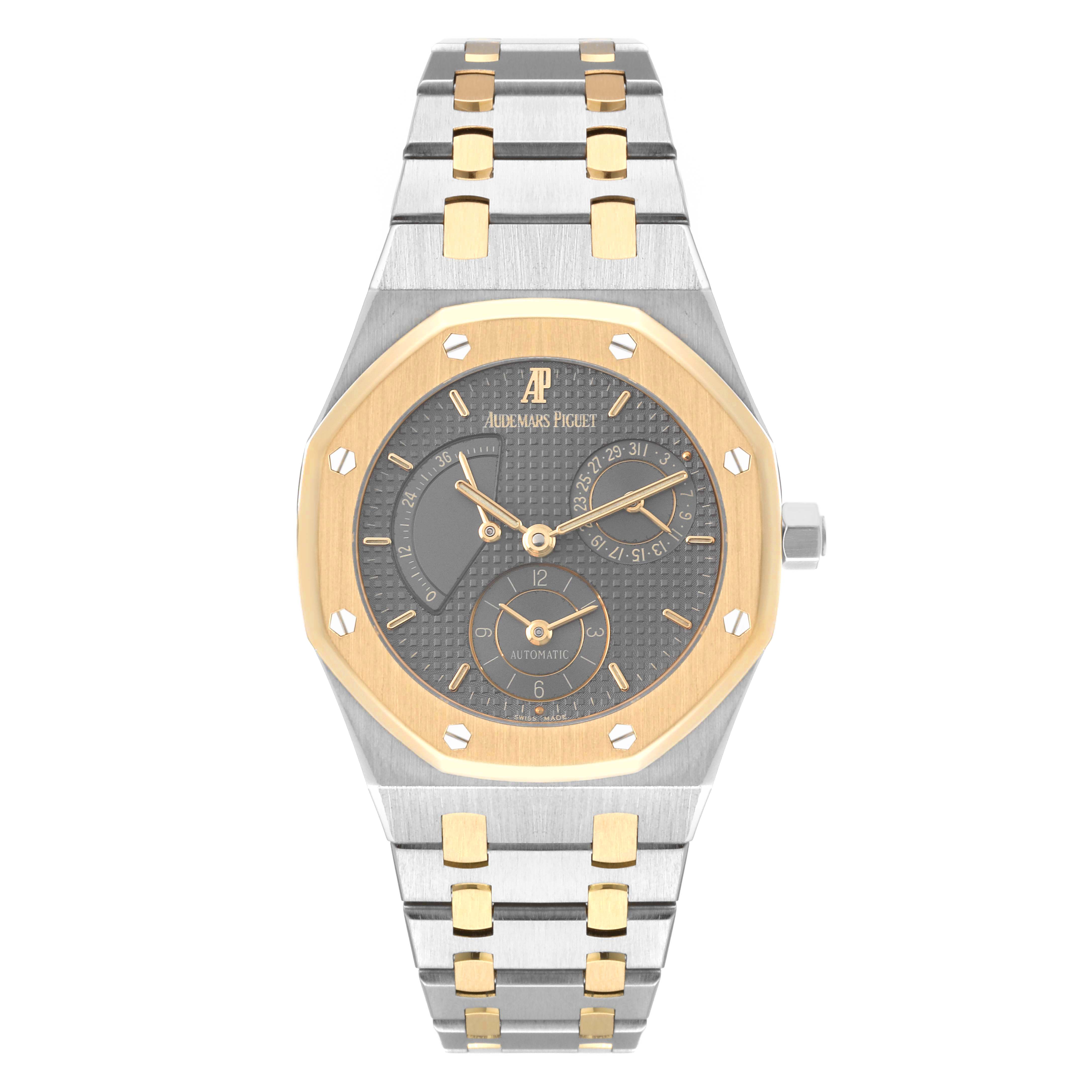 This is a front view of an Audemars Piguet Royal Oak 25730SA.01.078 Men's Steel and Gold (two tone) Grey Dial 25730SA.01.078 Men's Steel and Gold (two tone) Grey Dial watch showing the face, hands, bezel, and bracelet.