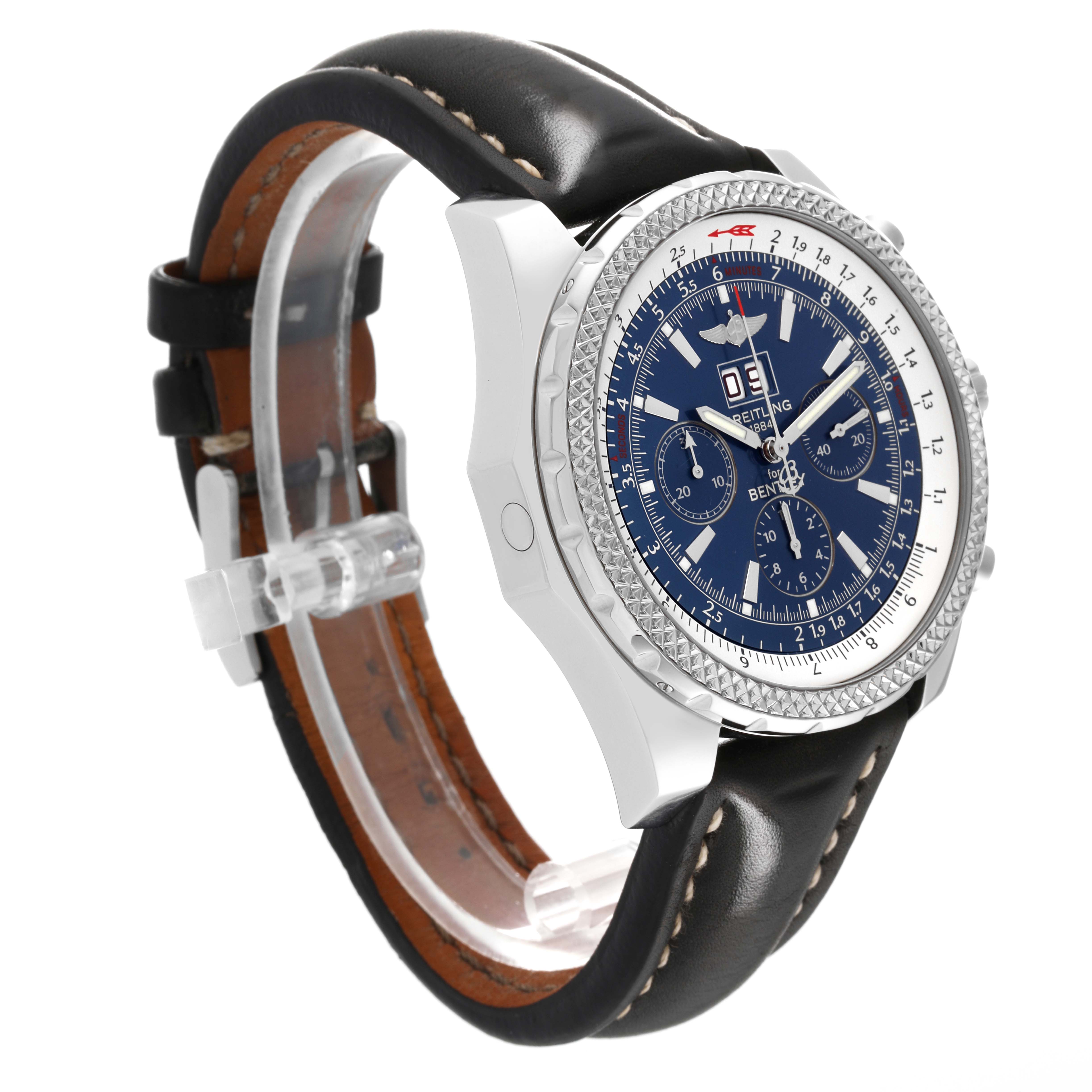 The Breitling Bentley A44362 Men's Stainless Steel Blue Dial A44362 Men's Stainless Steel Blue Dial model watch is shown from a left-side angle, displaying its black leather strap, blue dial, and bezel.