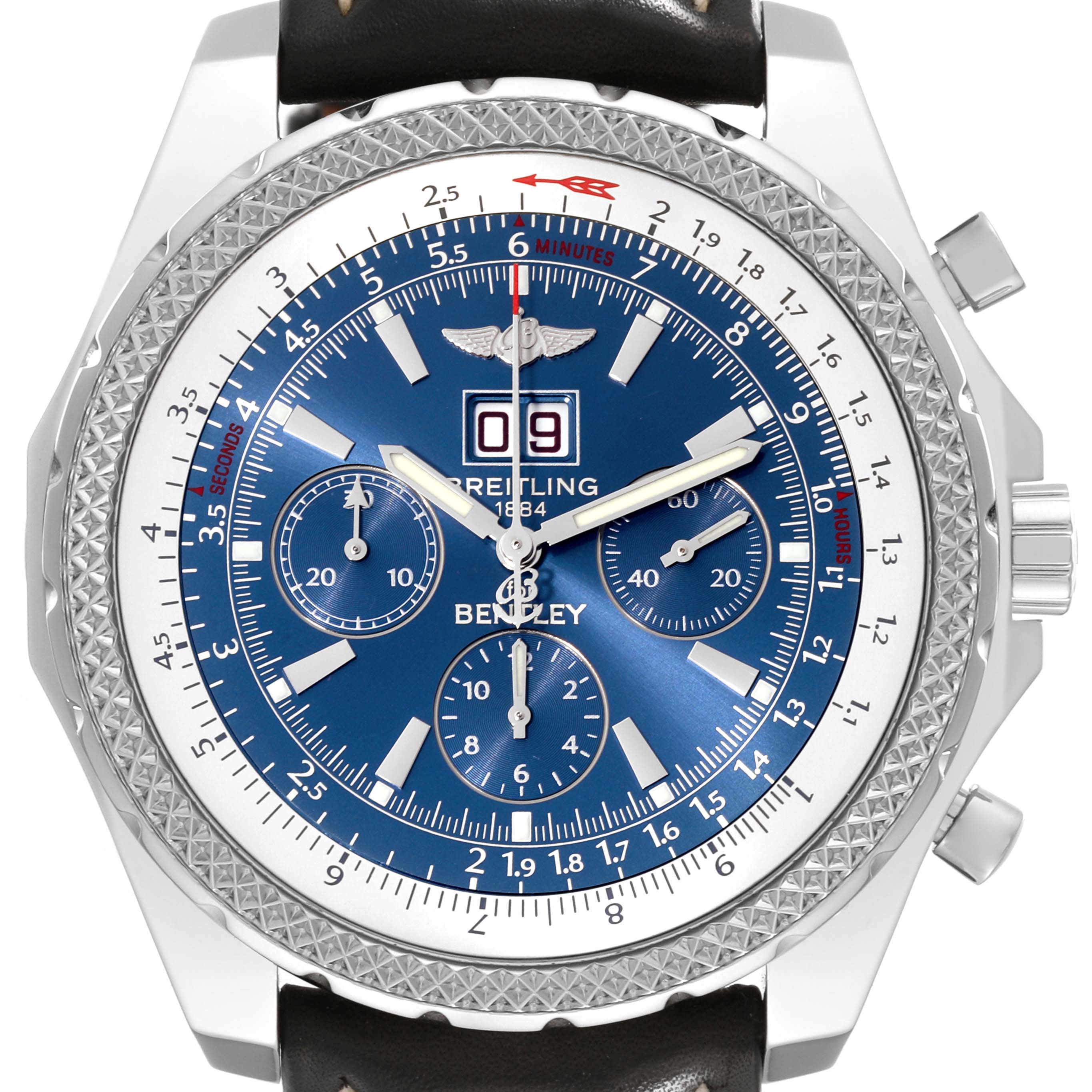 This image shows a frontal view of a Breitling Bentley A44362 Men's Stainless Steel Blue Dial A44362 Men's Stainless Steel Blue Dial watch, highlighting its dial, bezel, and sub-dials.