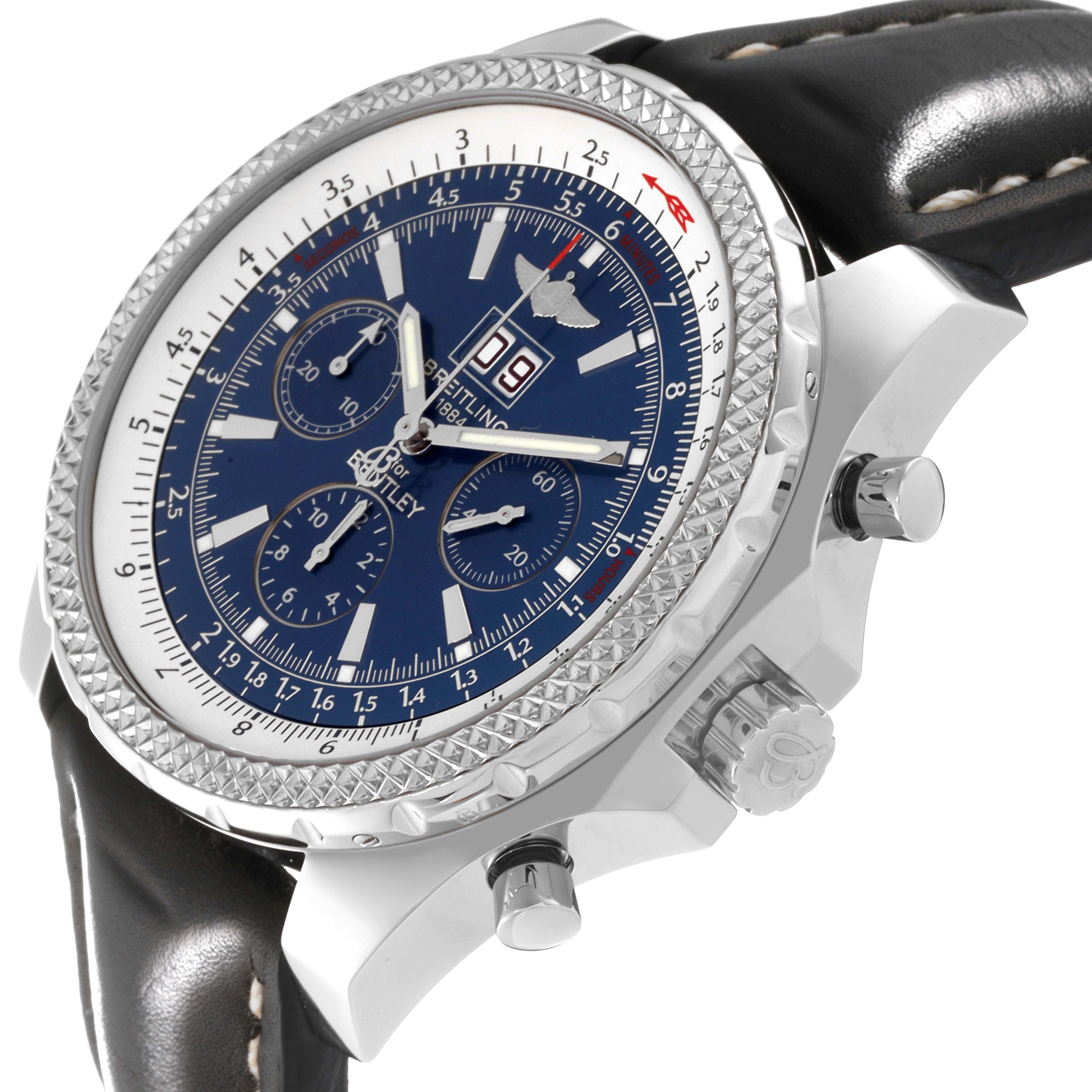 The image shows a side-angle view of the Bentley model by Breitling, highlighting its dial, bezel, pushers, and leather strap.