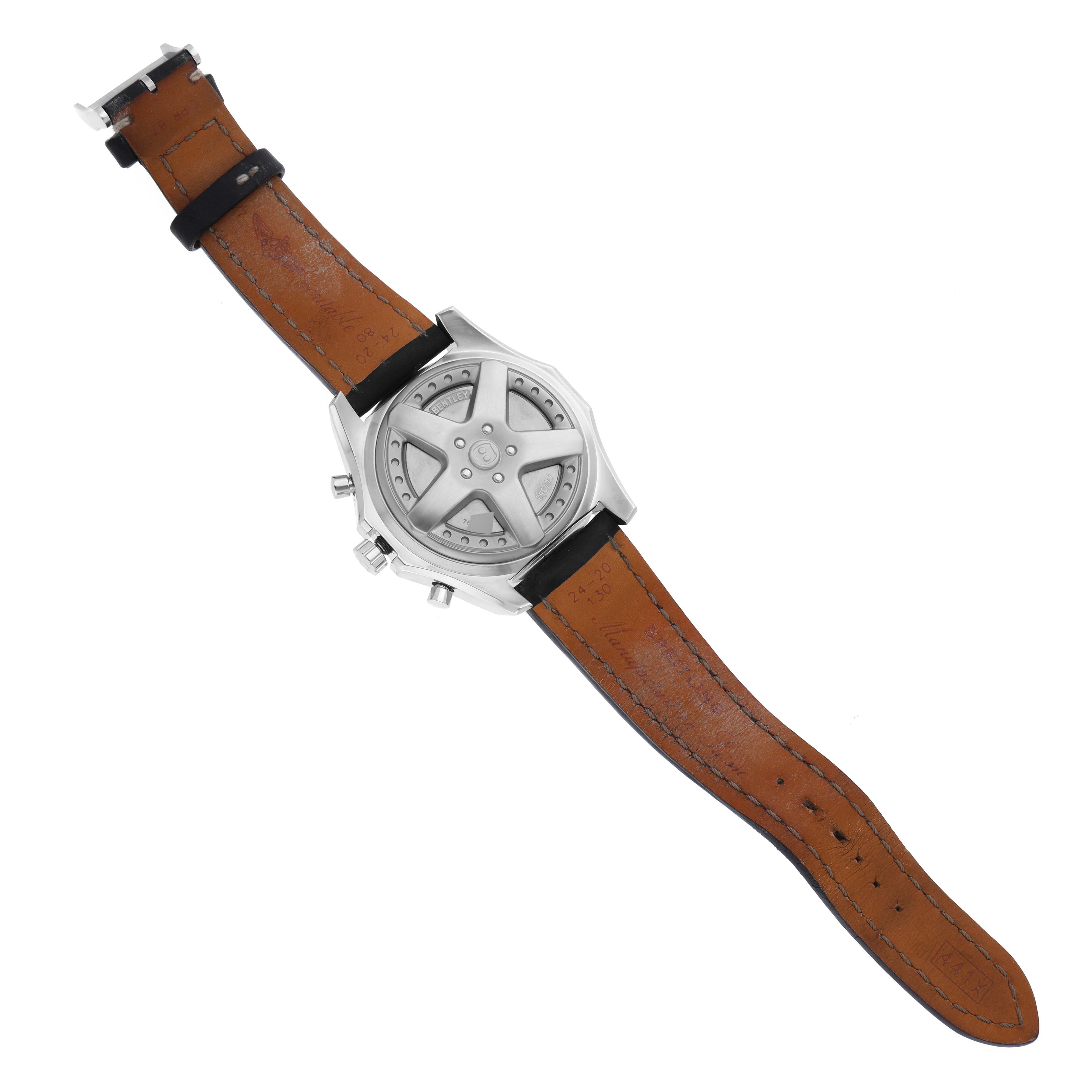 The image shows the back casing and the leather strap of a Breitling Bentley A44362 Men's Stainless Steel Blue Dial A44362 Men's Stainless Steel Blue Dial model watch.