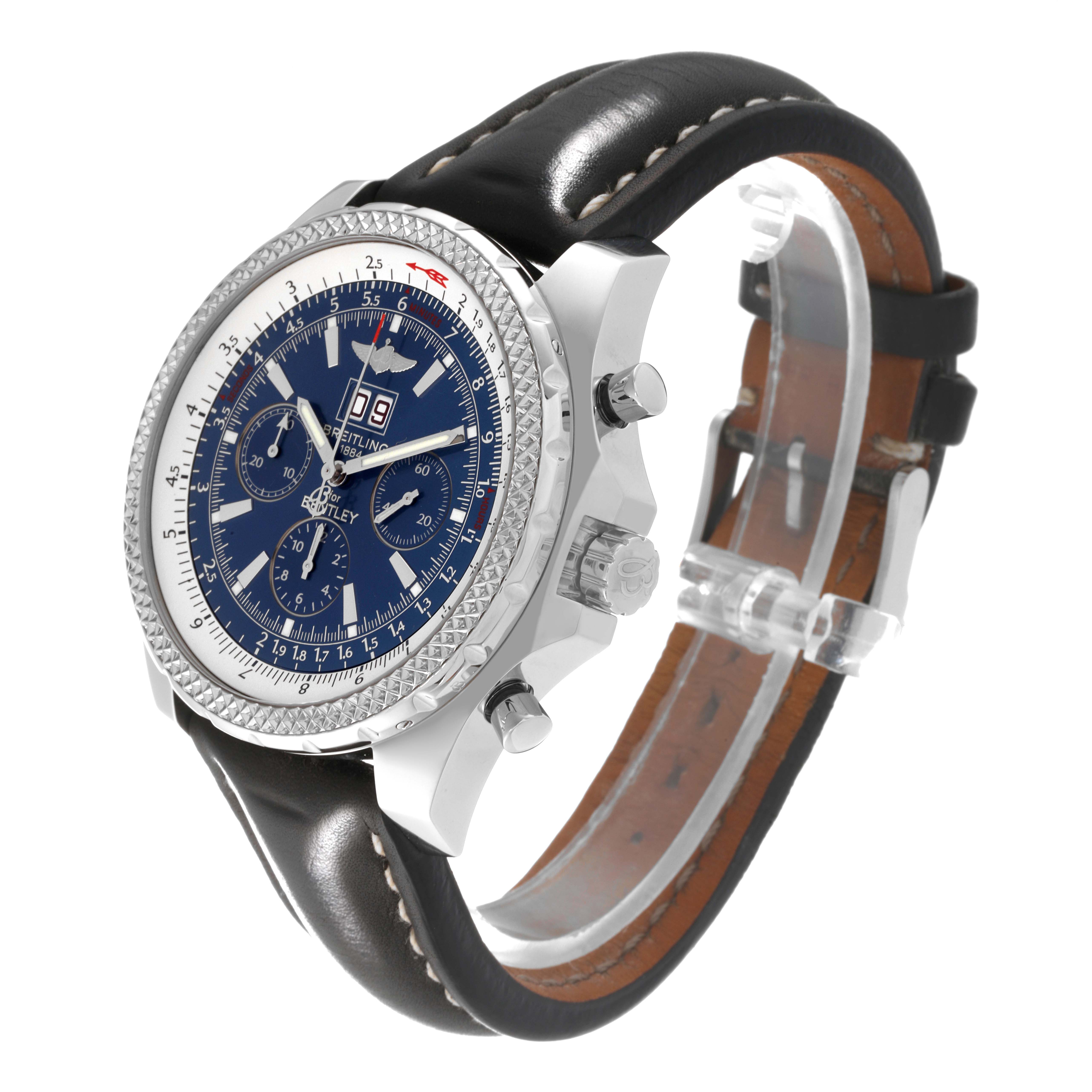 This Breitling Bentley A44362 Men's Stainless Steel Blue Dial A44362 Men's Stainless Steel Blue Dial watch is shown at a three-quarter angle, highlighting its face, bezel, crown, pushers, and leather strap.