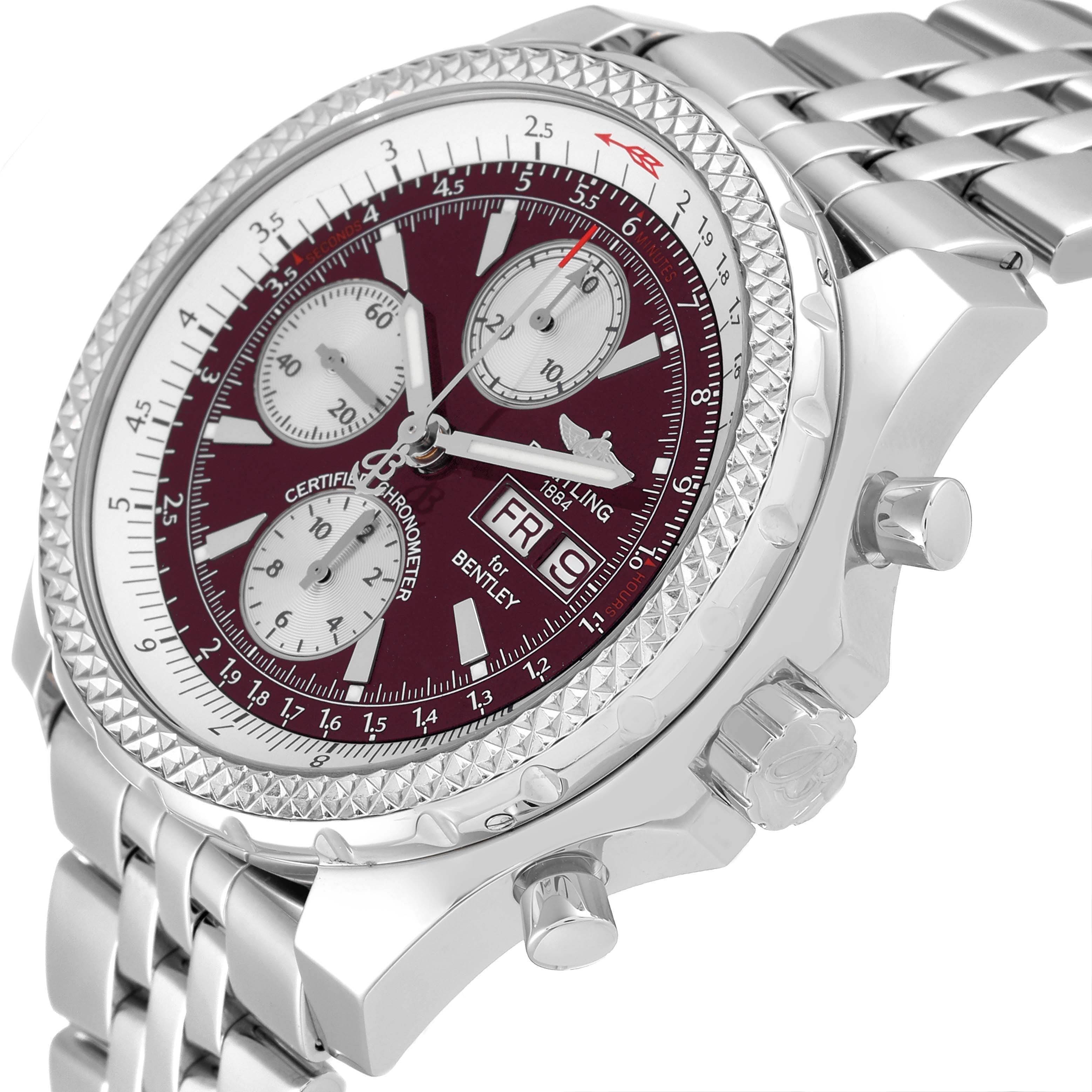 This image shows a side angle of the Breitling Bentley A13362 Men's Stainless Steel Burgundy Dial A13362 Men's Stainless Steel Burgundy Dial watch, featuring its bezel, crown, pushers, and bracelet.