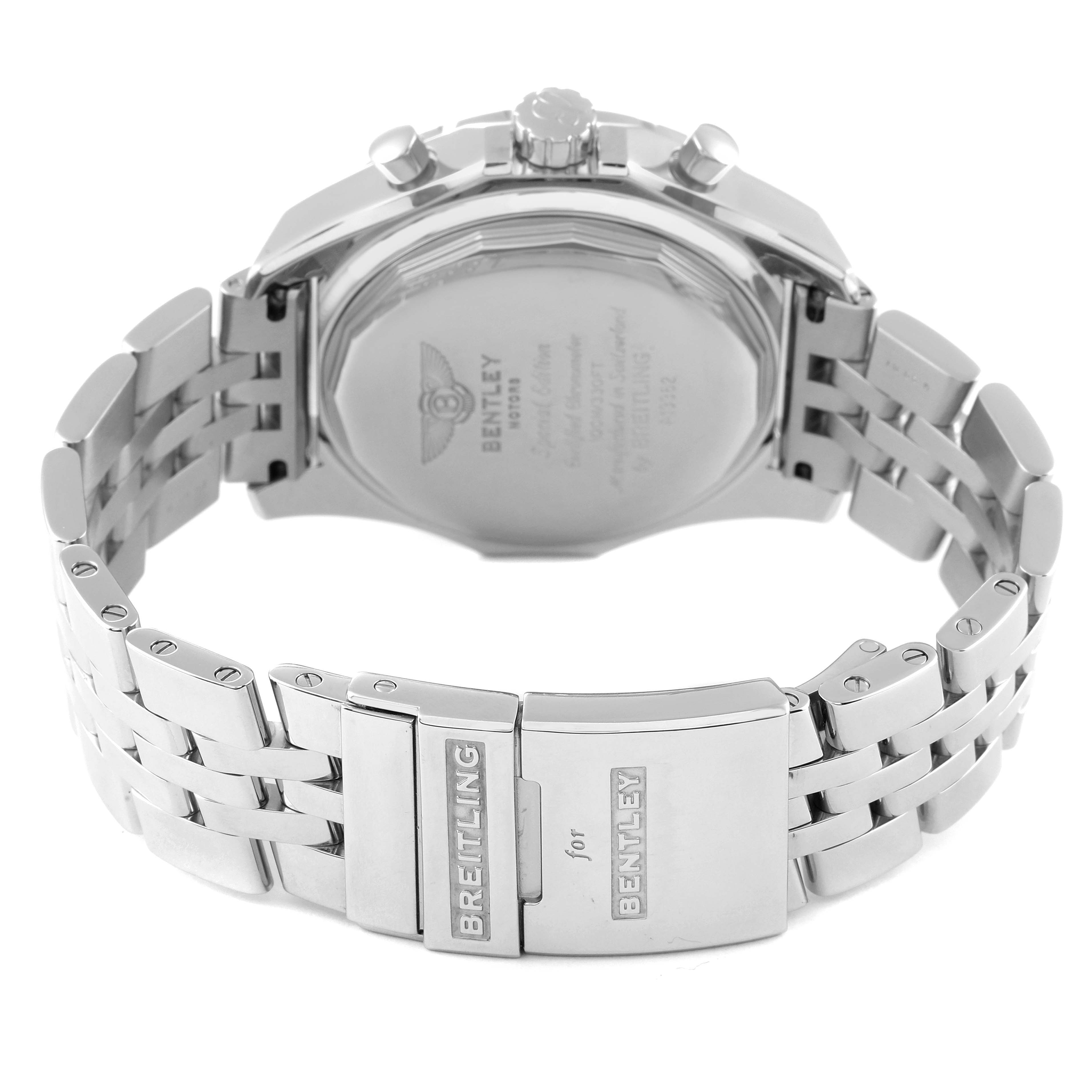 This image shows the back of the Breitling Bentley A13362 Men's Stainless Steel Burgundy Dial A13362 Men's Stainless Steel Burgundy Dial model watch, highlighting the clasp and bracelet.