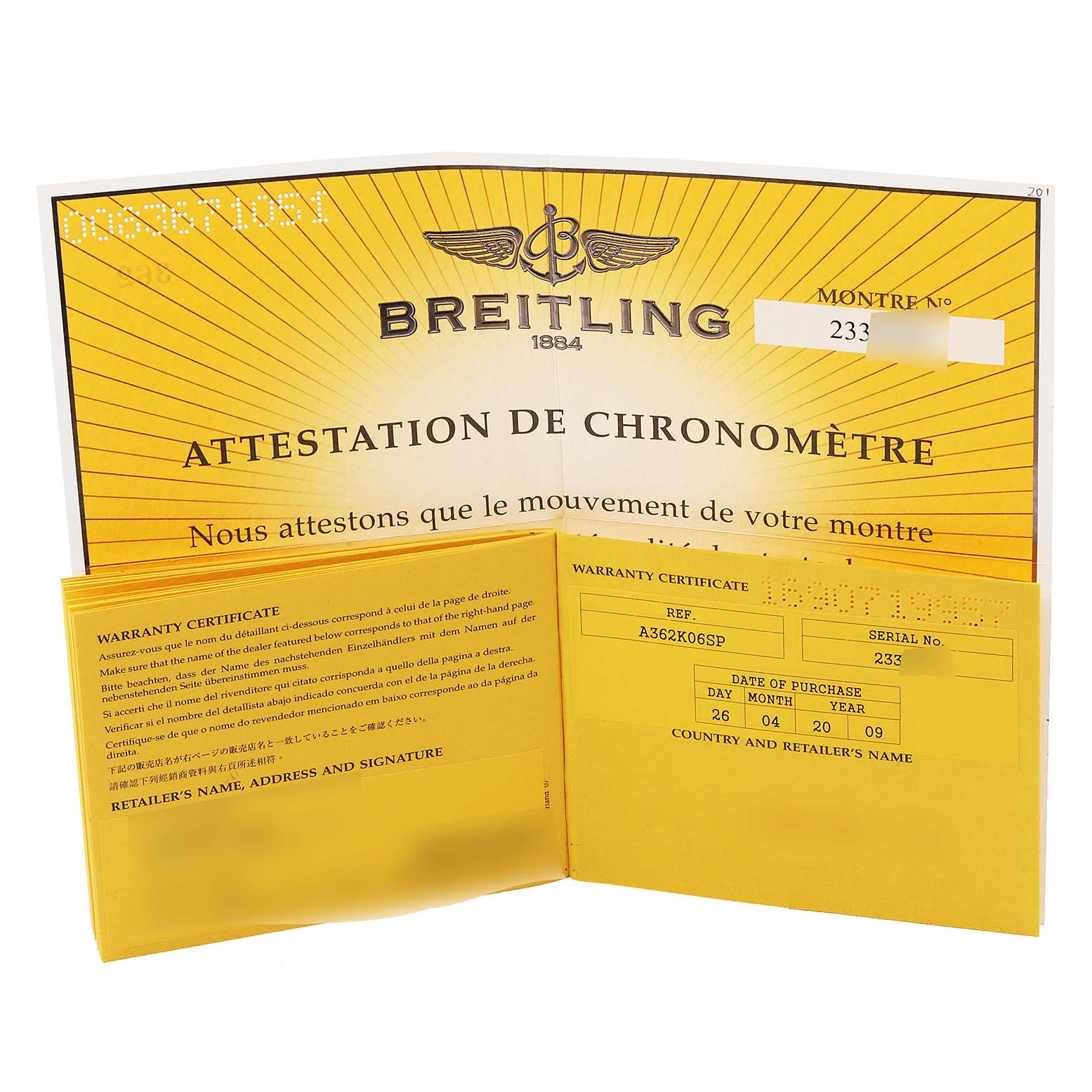 The image shows the warranty certificate and official chronometer certificate for the Bentley model by Breitling.