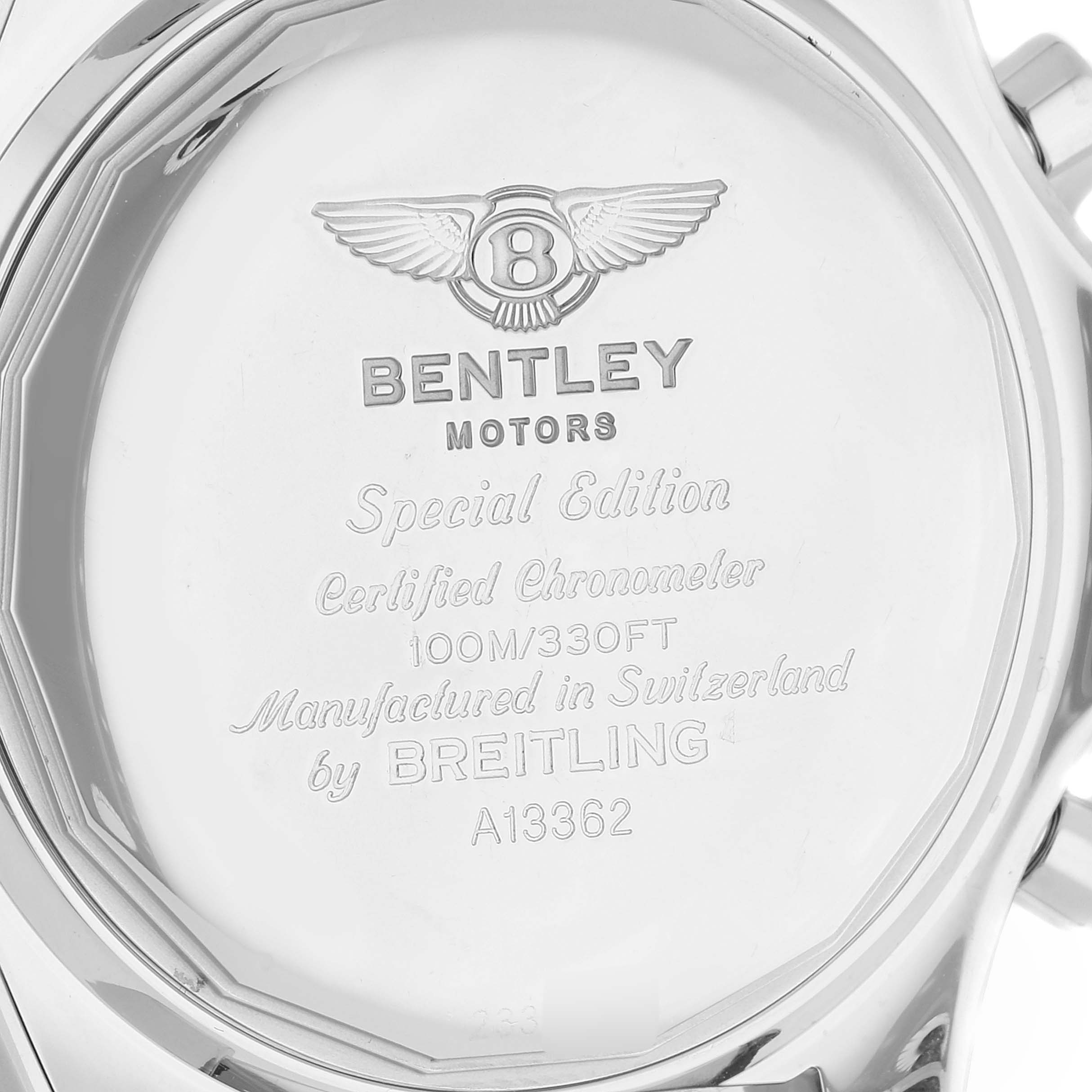 The image shows the back of a Breitling Bentley A13362 Men's Stainless Steel Burgundy Dial A13362 Men's Stainless Steel Burgundy Dial Motors watch, highlighting the model details and engravings.