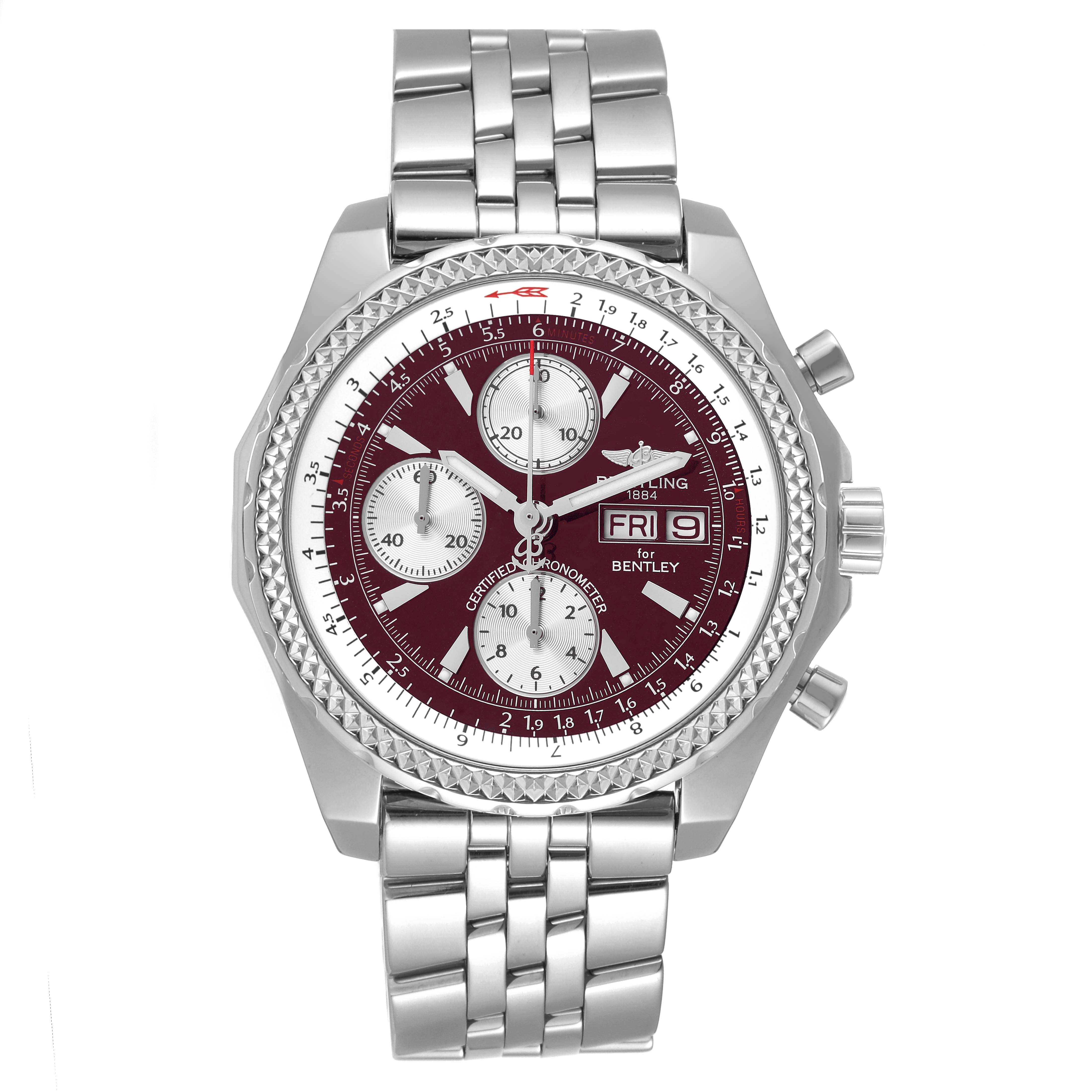 The image shows a Breitling Bentley A13362 Men's Stainless Steel Burgundy Dial A13362 Men's Stainless Steel Burgundy Dial watch from a front angle, displaying the face, bezel, crown, pushers, and bracelet.
