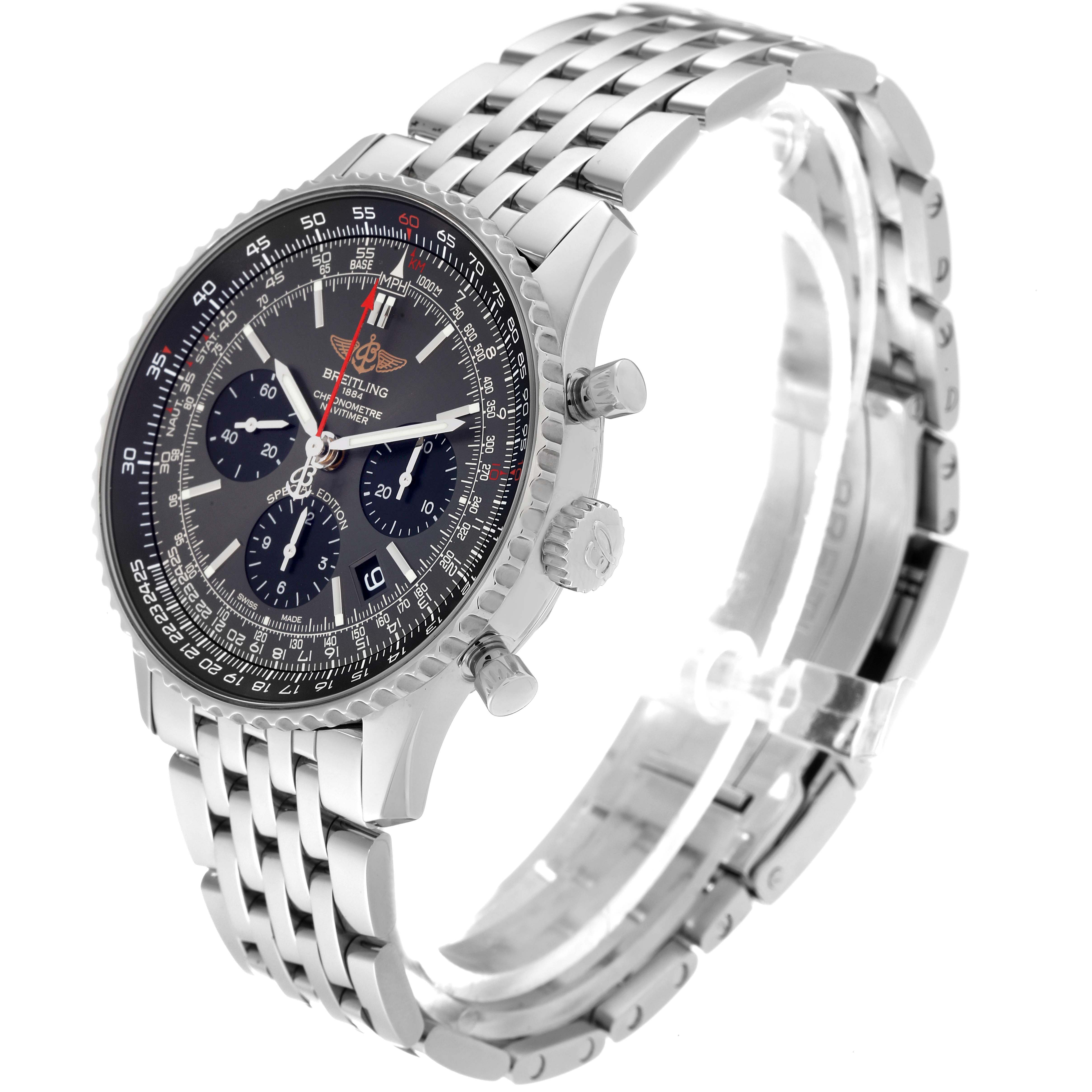 This Breitling Navitimer AB0121 Men's Stainless Steel Grey Dial AB0121 Men's Stainless Steel Grey Dial watch is shown at a three-quarter angle, displaying the dial, bezel, crown, pushers, and steel bracelet.