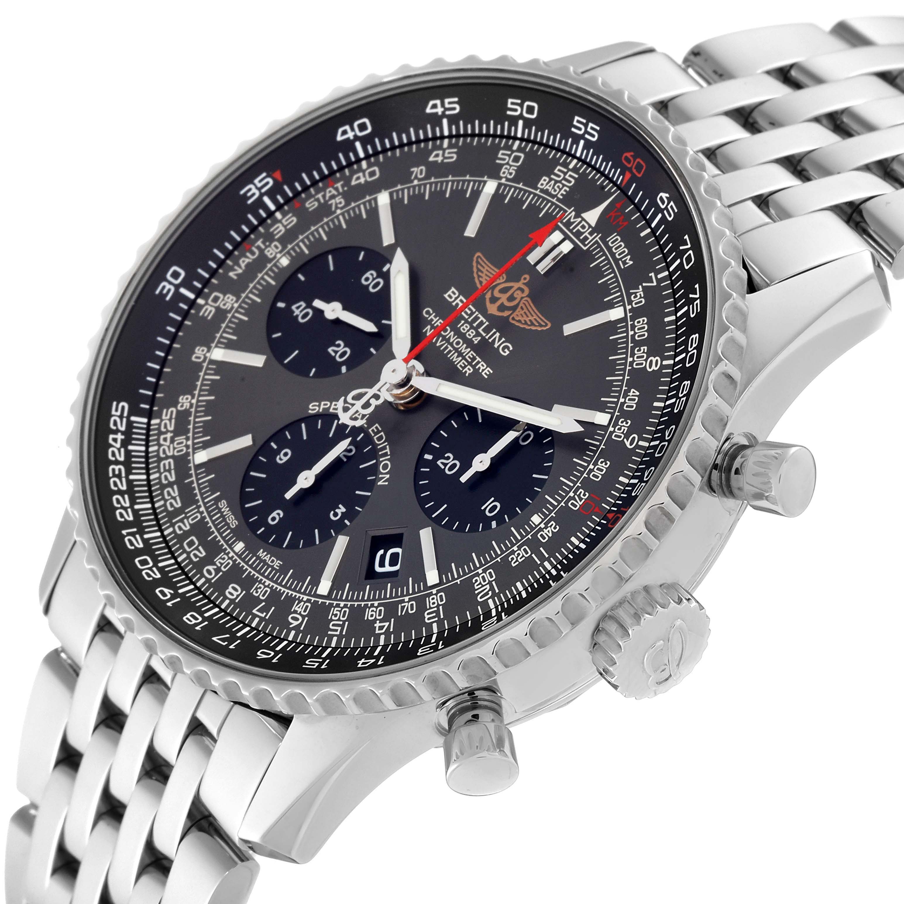 The Breitling Navitimer AB0121 Men's Stainless Steel Grey Dial AB0121 Men's Stainless Steel Grey Dial watch is shown at an angle displaying the face, three subdials, dial details, and a part of the stainless steel band and crown.