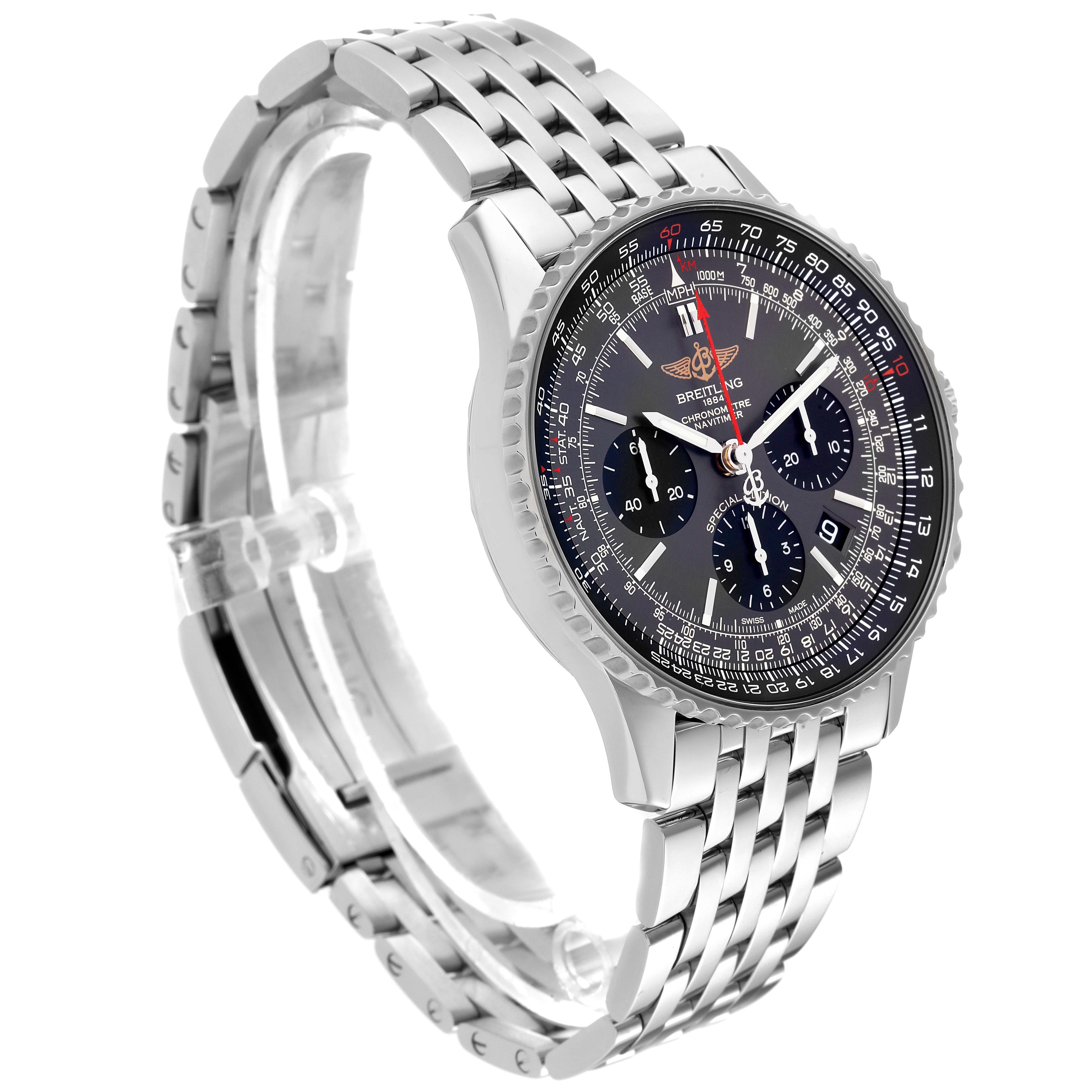 The Breitling Navitimer AB0121 Men's Stainless Steel Grey Dial AB0121 Men's Stainless Steel Grey Dial watch is shown at a side angle displaying the watch face, bezel, and metal bracelet.