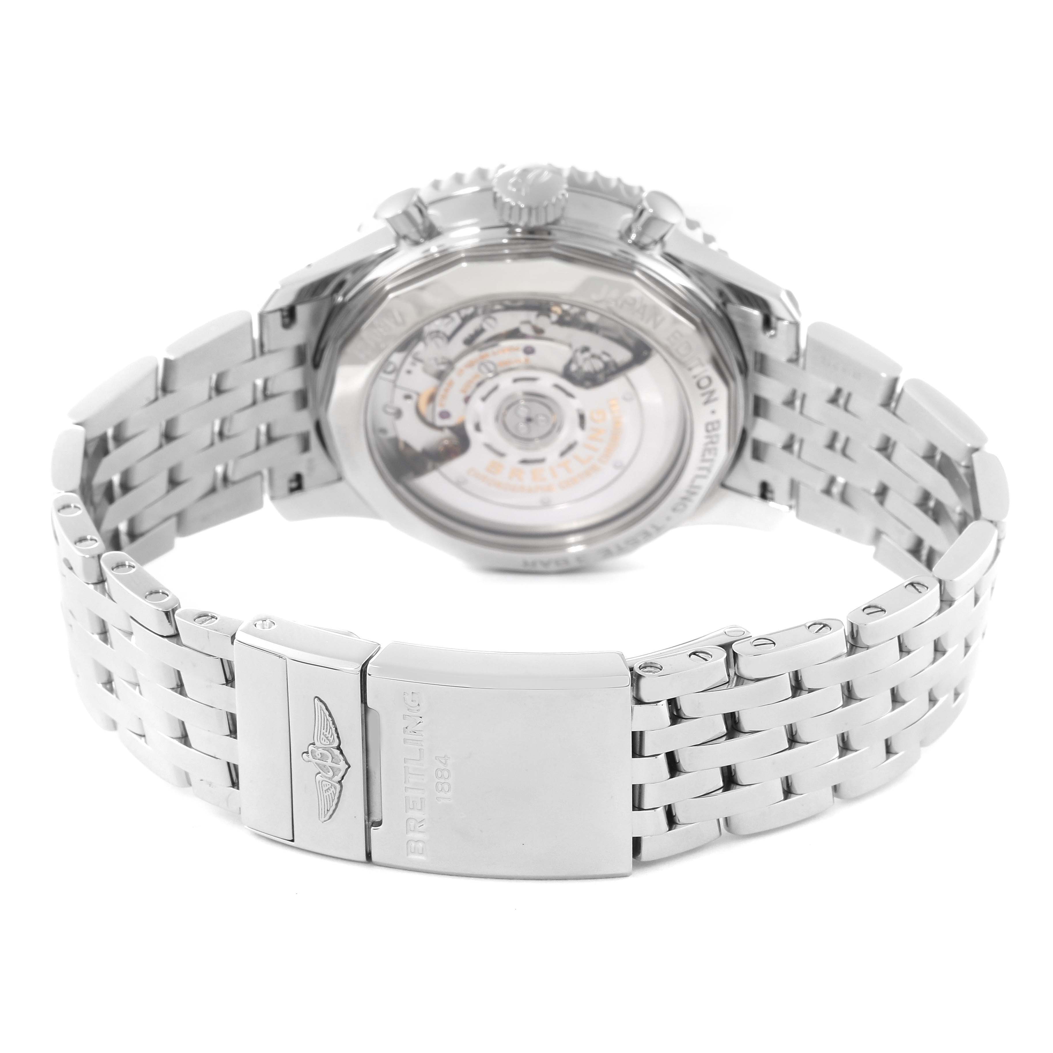 This image shows the back view of a Breitling Navitimer AB0121 Men's Stainless Steel Grey Dial AB0121 Men's Stainless Steel Grey Dial watch, focusing on the movement and bracelet clasp.