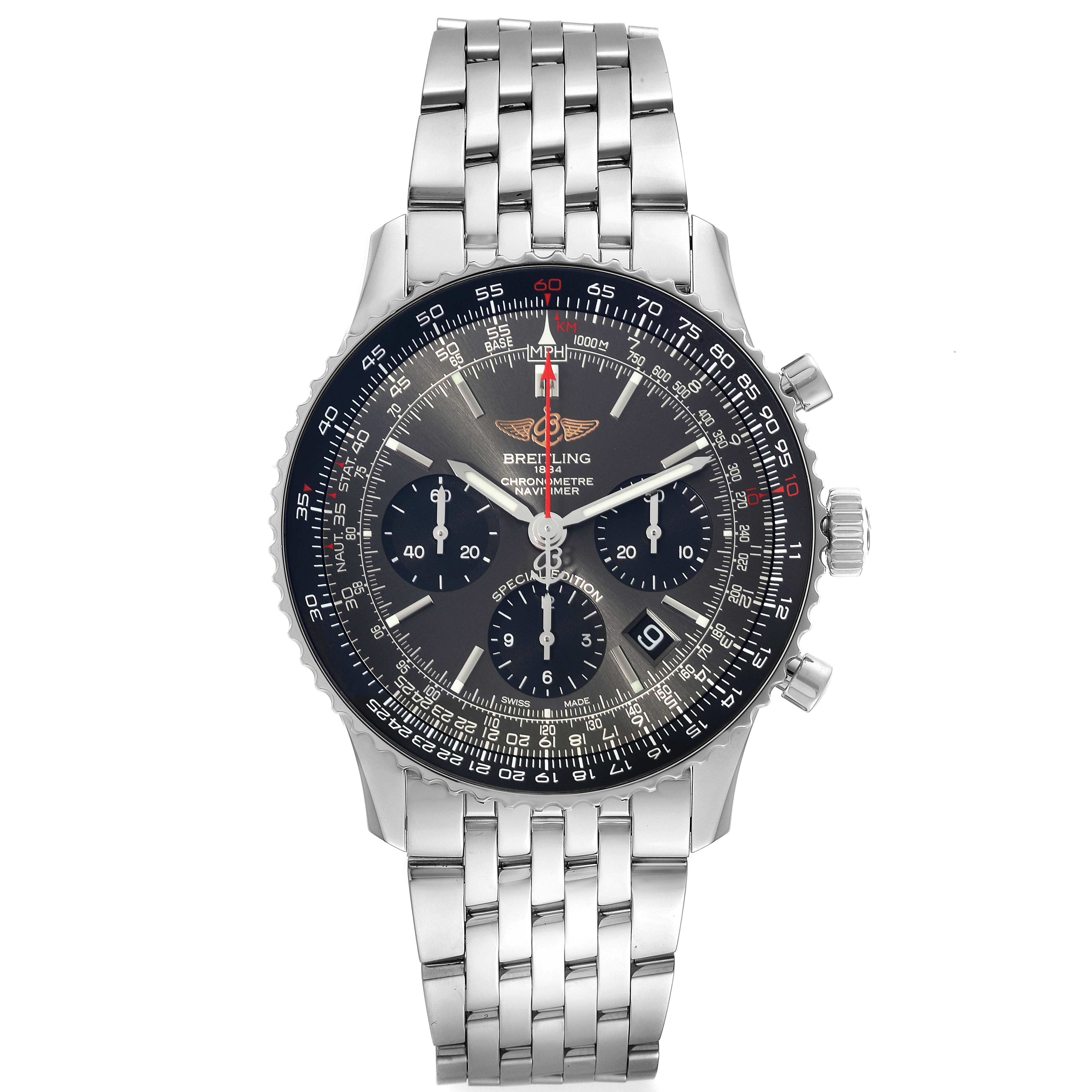 The image shows a front view of a Breitling Navitimer AB0121 Men's Stainless Steel Grey Dial AB0121 Men's Stainless Steel Grey Dial watch with a metal bracelet and detailed chronograph dial.