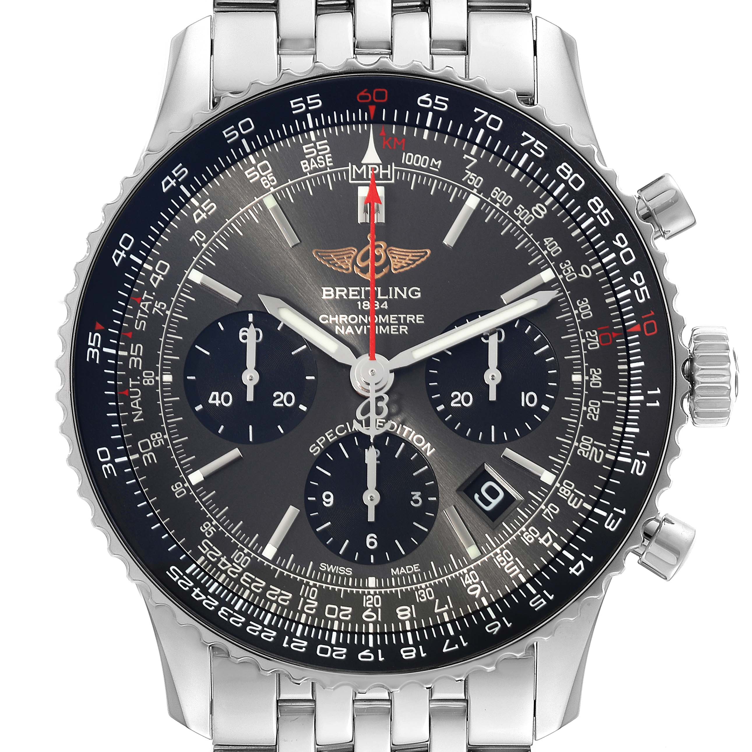 The Breitling Navitimer AB0121 Men's Stainless Steel Grey Dial AB0121 Men's Stainless Steel Grey Dial watch is shown from the front, displaying its face, chronograph subdials, bezel, and bracelet.