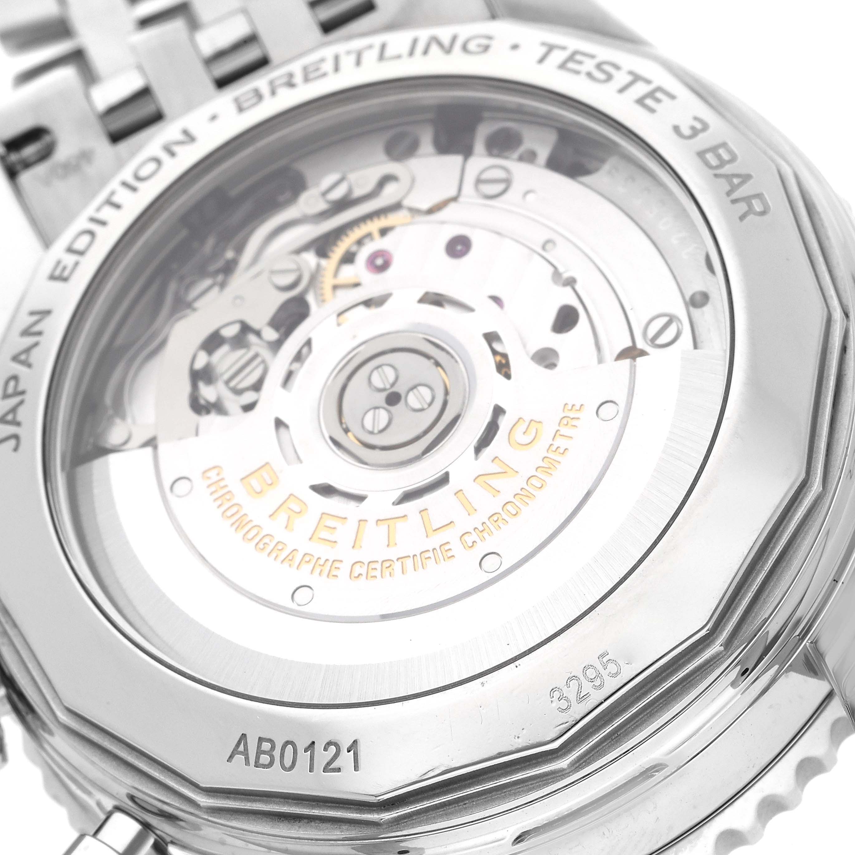The image shows the back case of a Breitling Navitimer AB0121 Men's Stainless Steel Grey Dial AB0121 Men's Stainless Steel Grey Dial watch, displaying its internal movement mechanism.