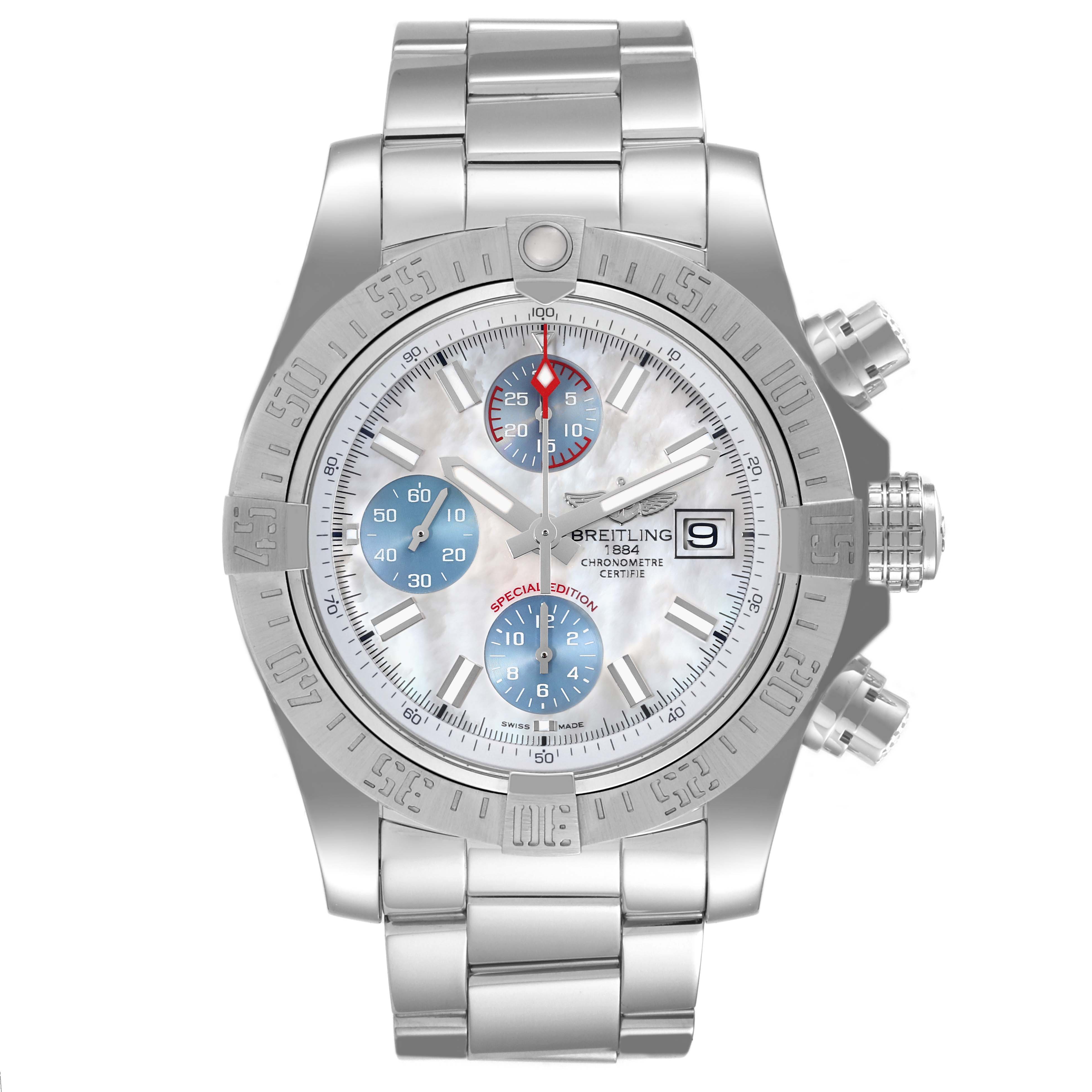 The image shows a front view of the Breitling Avenger A13381 Men's Stainless Steel Mother of Pearl Dial A13381 Men's Stainless Steel Mother of Pearl Dial watch, highlighting the dial, bezel, chronograph sub-dials, and bracelet.