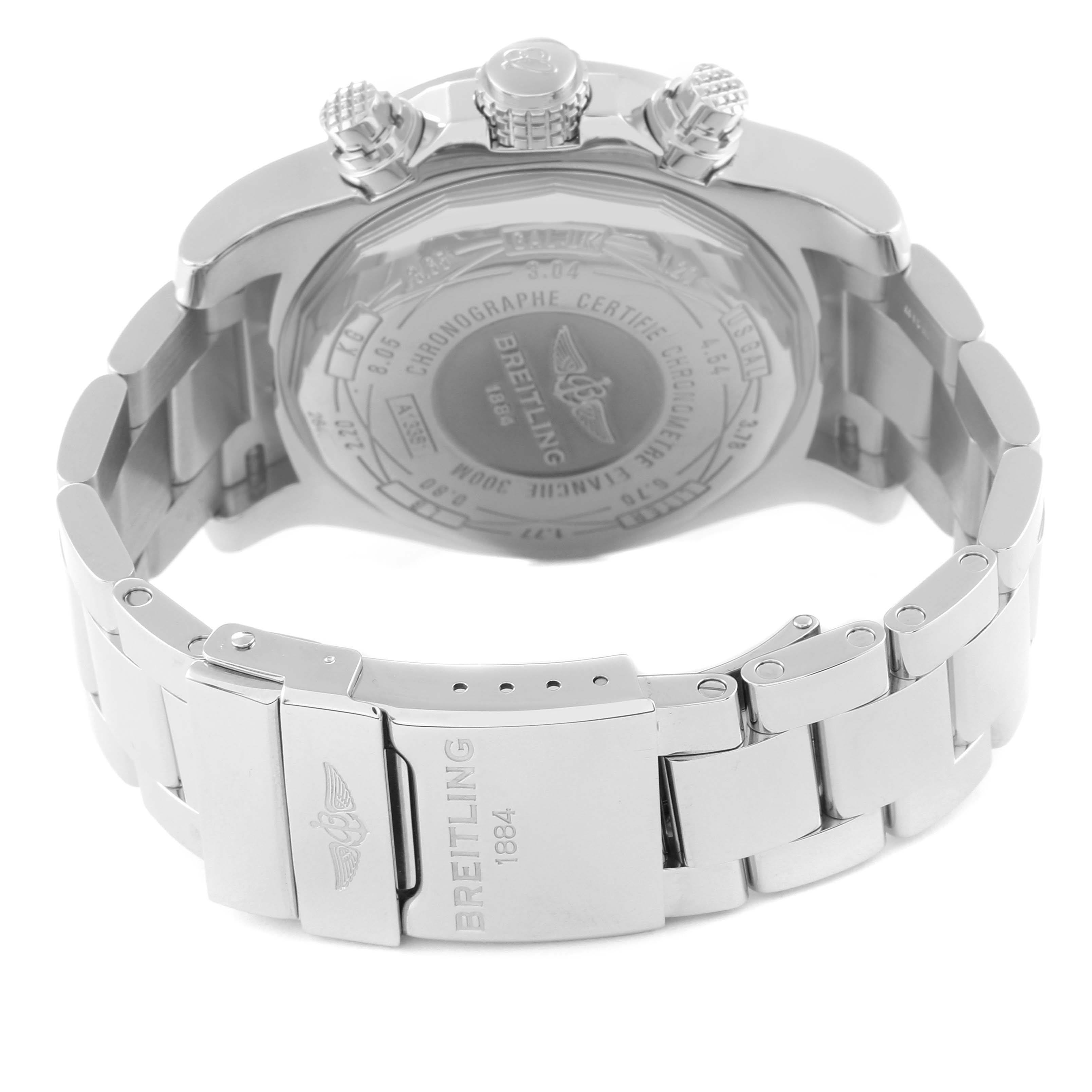 The image shows the back case and the clasp of the stainless steel bracelet of a Breitling Avenger A13381 Men's Stainless Steel Mother of Pearl Dial A13381 Men's Stainless Steel Mother of Pearl Dial watch from a rear angle.