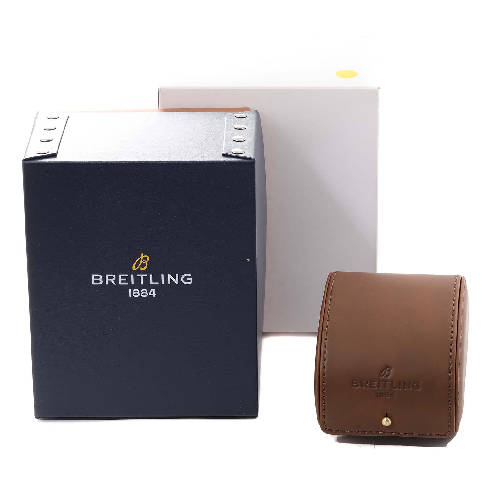 The image shows the packaging and accessories for the Breitling Avenger A13381 Men's Stainless Steel Mother of Pearl Dial A13381 Men's Stainless Steel Mother of Pearl Dial watch, including a blue box and a brown leather travel case.