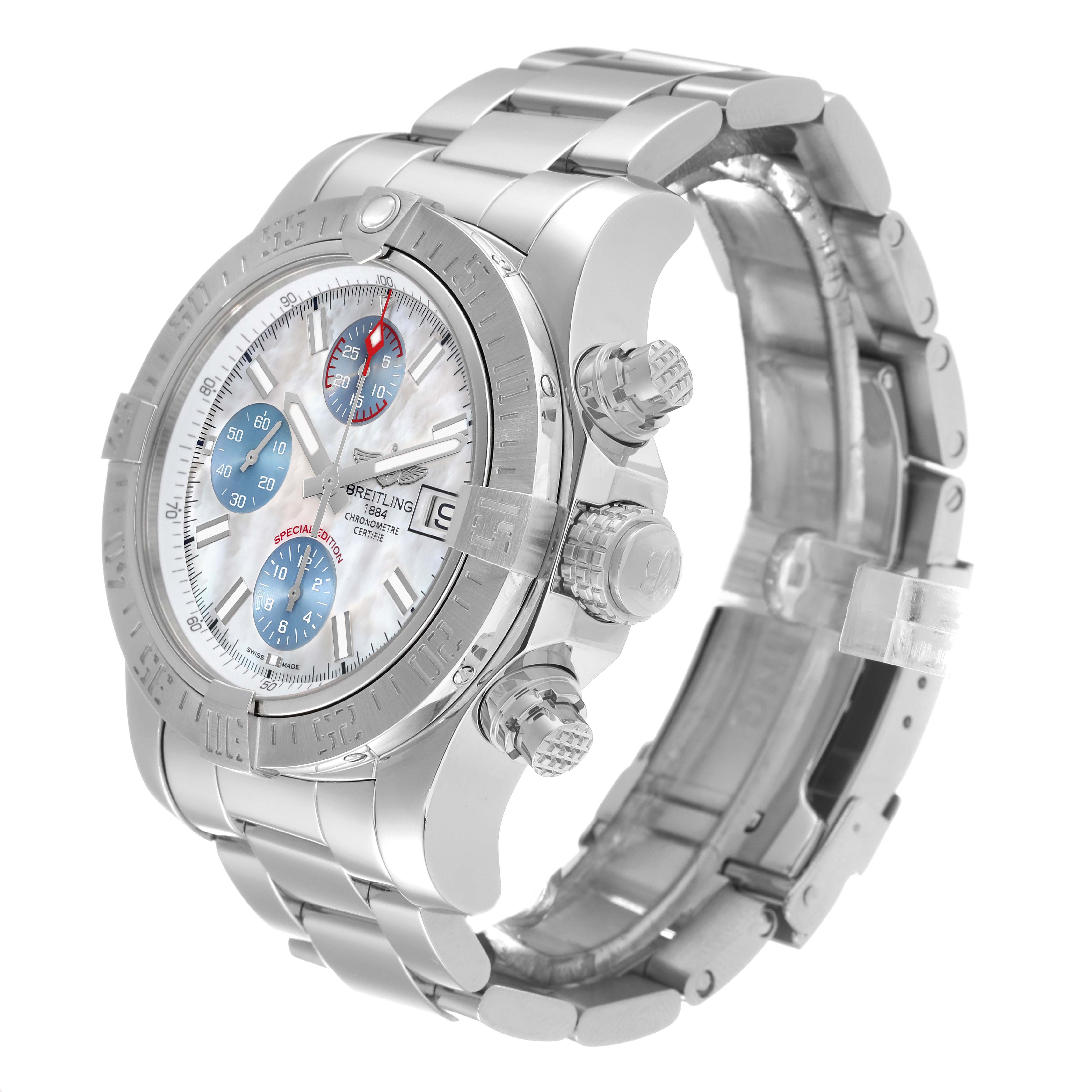 The Breitling Avenger A13381 Men's Stainless Steel Mother of Pearl Dial A13381 Men's Stainless Steel Mother of Pearl Dial watch is shown at an oblique angle, highlighting its dial, crown, push buttons, and metal bracelet.