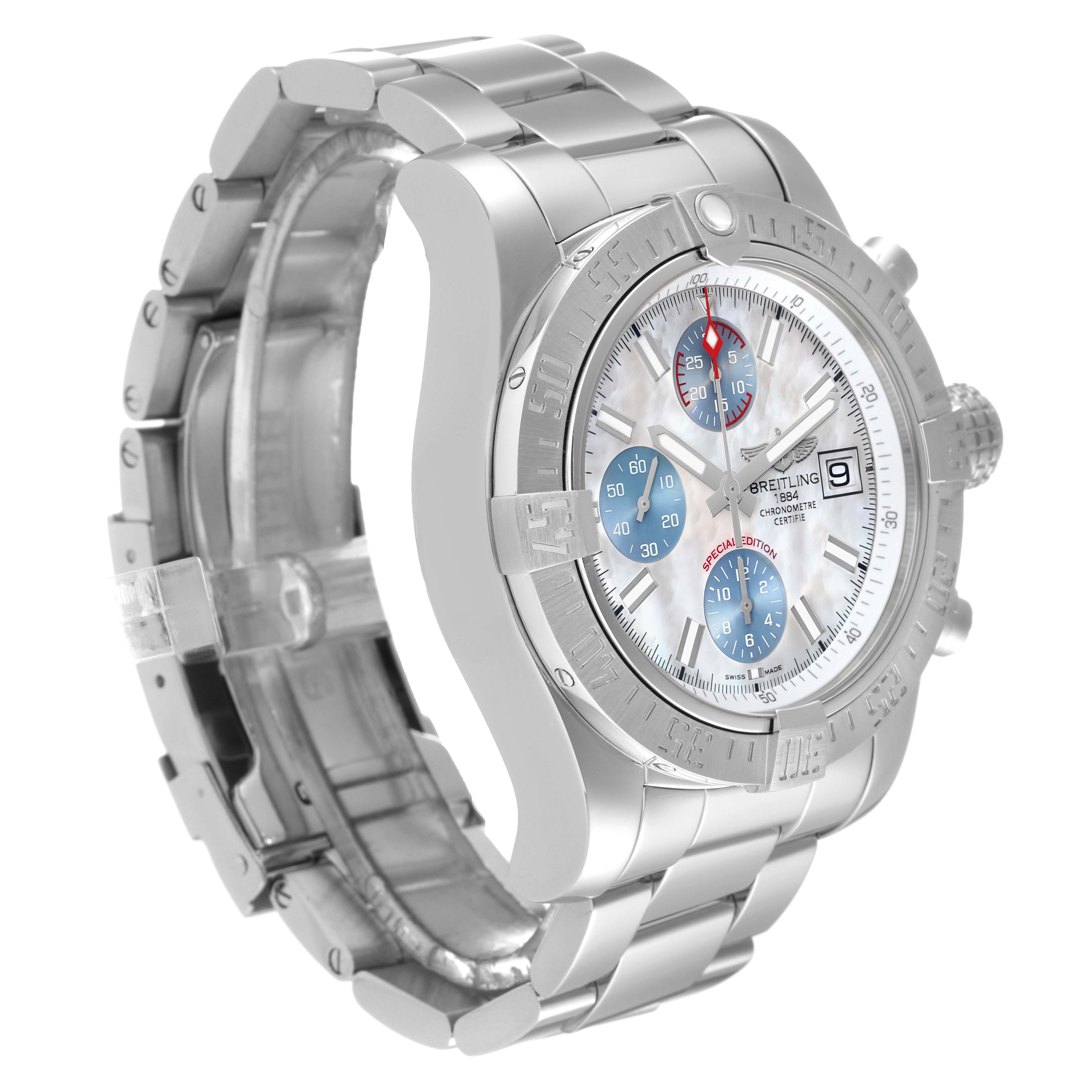 The Breitling Avenger A13381 Men's Stainless Steel Mother of Pearl Dial A13381 Men's Stainless Steel Mother of Pearl Dial watch is shown at a three-quarter angle, highlighting its dial, bezel, crown, and metal bracelet.