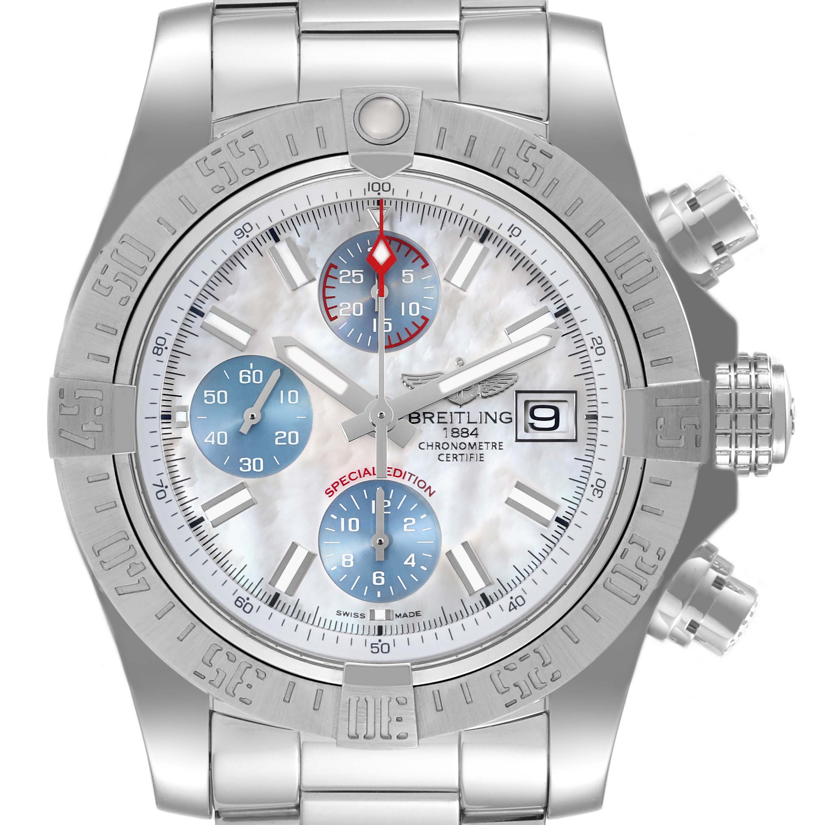 The image shows a front view of a Breitling Avenger A13381 Men's Stainless Steel Mother of Pearl Dial A13381 Men's Stainless Steel Mother of Pearl Dial watch, displaying the dial, bezel, and chronograph pushers.