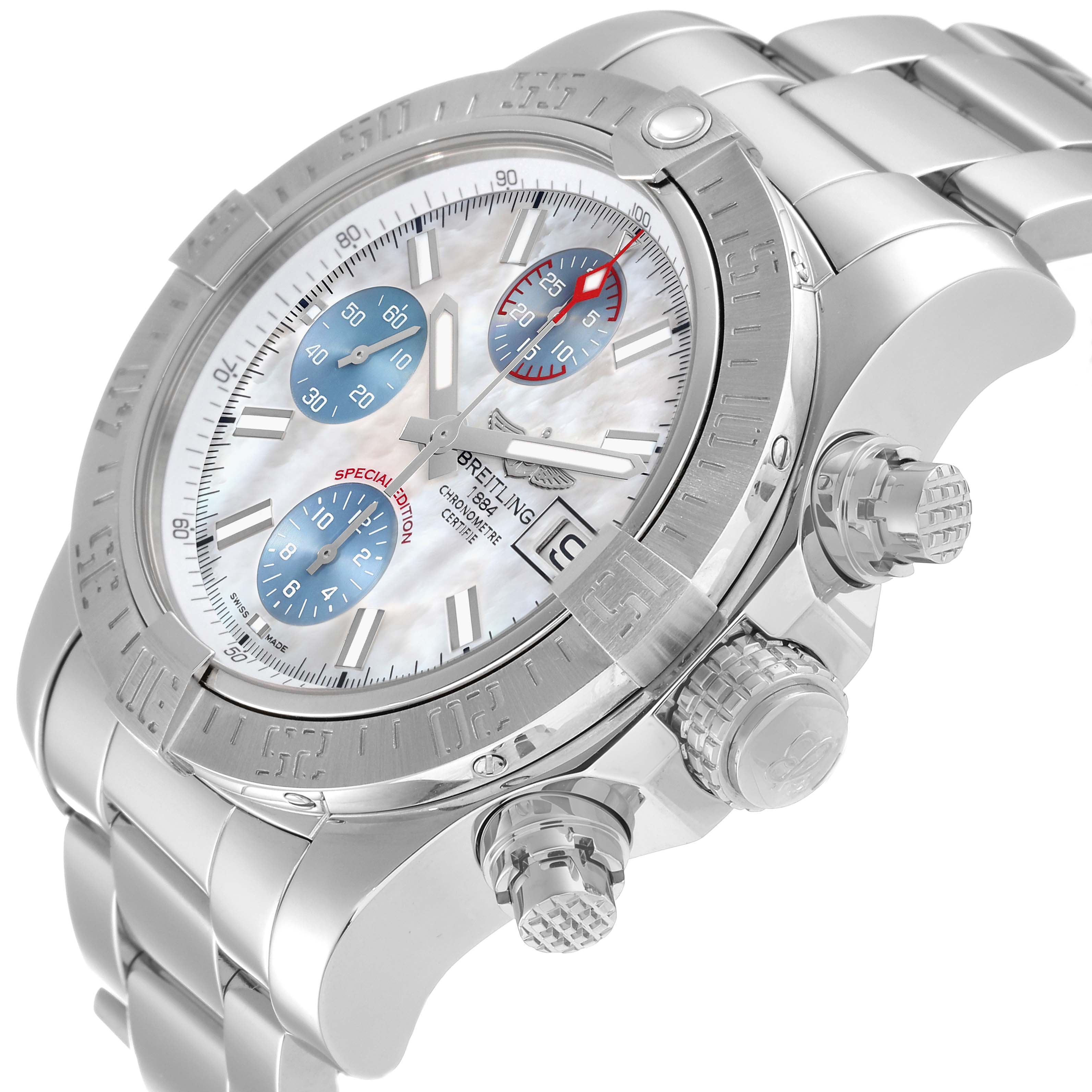 The image shows a close-up angle of the dial, bezel, and side pushers of the Breitling Avenger A13381 Men's Stainless Steel Mother of Pearl Dial A13381 Men's Stainless Steel Mother of Pearl Dial watch.