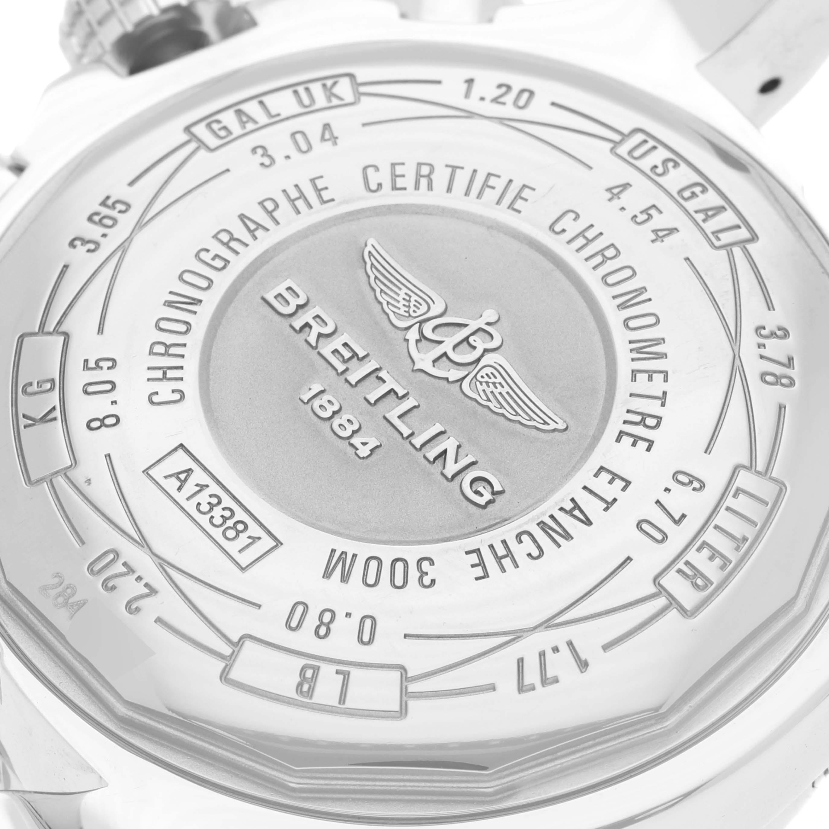 The image shows the back case and engravings of a Breitling Avenger A13381 Men's Stainless Steel Mother of Pearl Dial A13381 Men's Stainless Steel Mother of Pearl Dial watch.