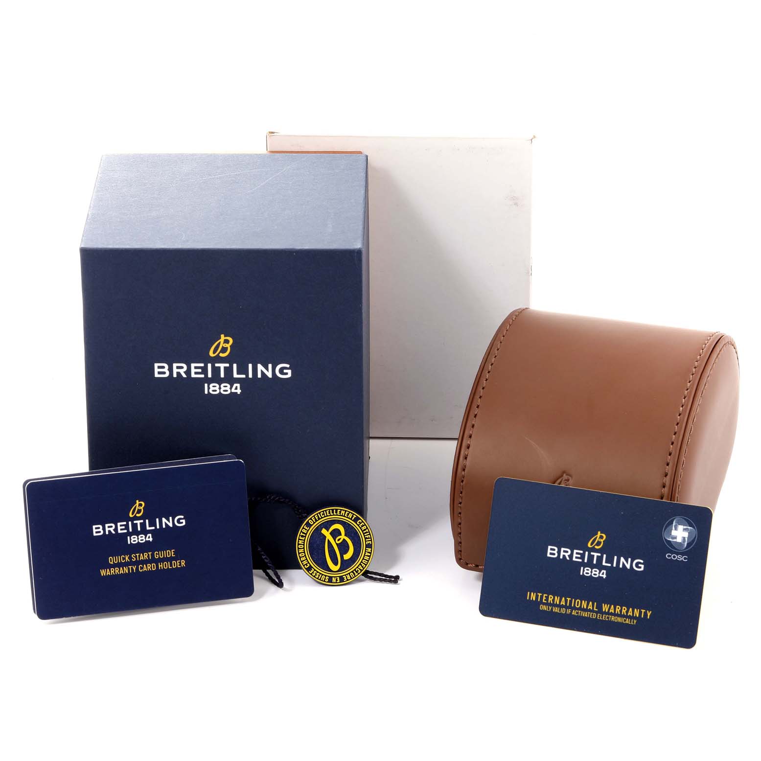 The image displays the box, warranty card, quick start guide, and travel case for the Breitling A17316 Women's Stainless Steel White Dial A17316 Women's Stainless Steel White Dial Superocean 36mm Ladies Watch A17316.
