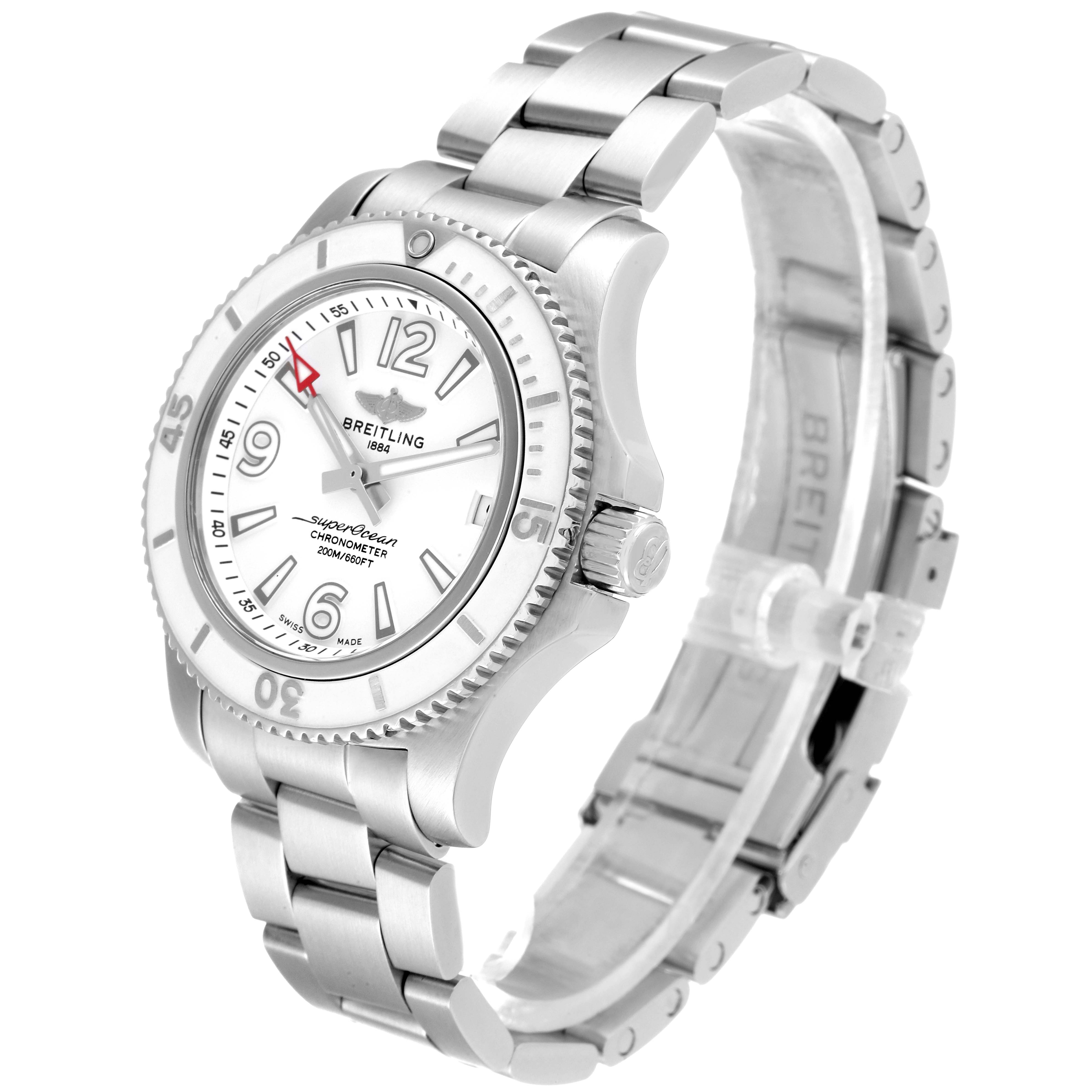 The image shows a side angle of the Breitling A17316 Women's Stainless Steel White Dial A17316 Women's Stainless Steel White Dial Superocean 36mm White Dial Ladies Watch A17316 Box Card model, displaying the face, bezel, and bracelet.