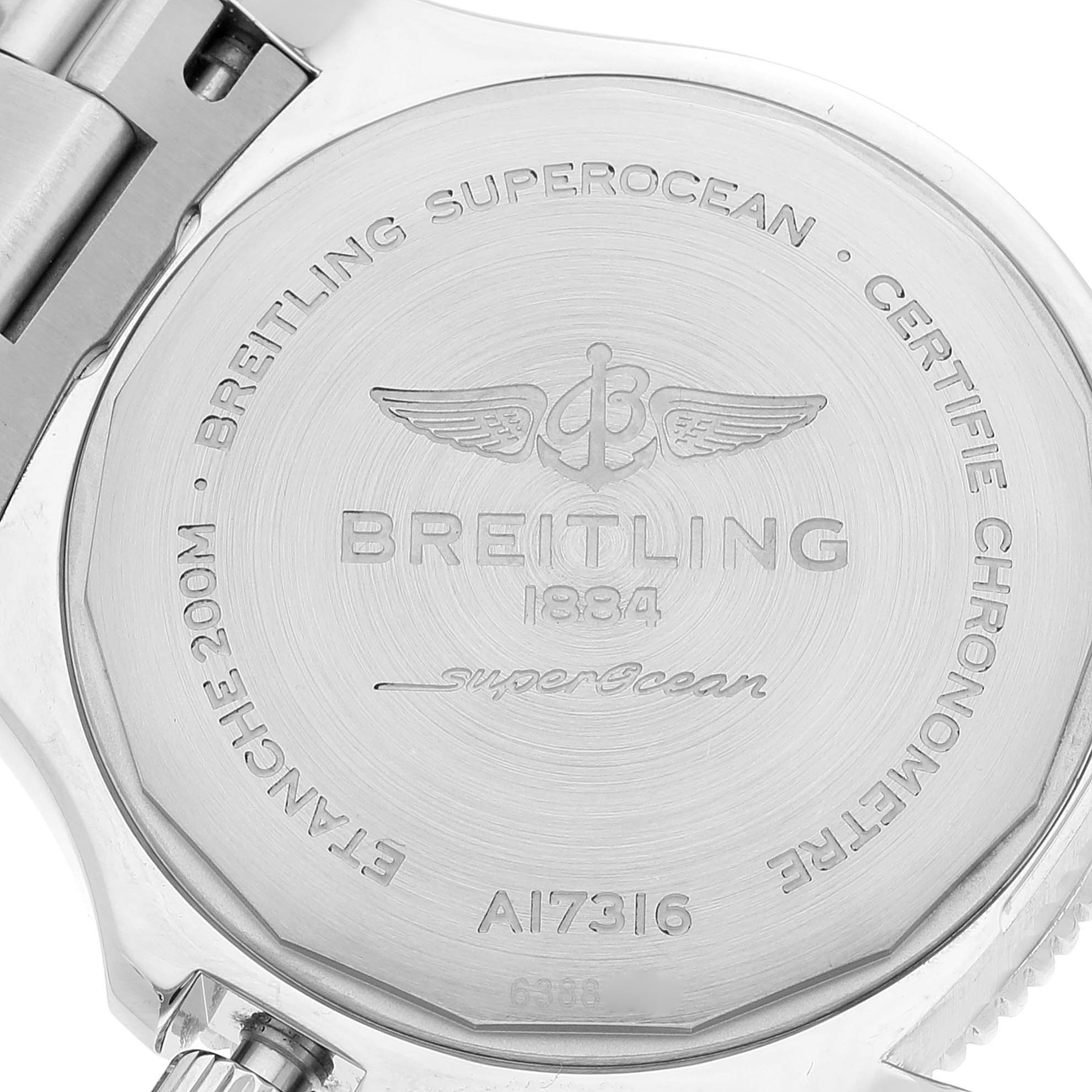 The image shows the case back of the Breitling A17316 Women's Stainless Steel White Dial A17316 Women's Stainless Steel White Dial Superocean 36mm White Dial Ladies Watch A17316.