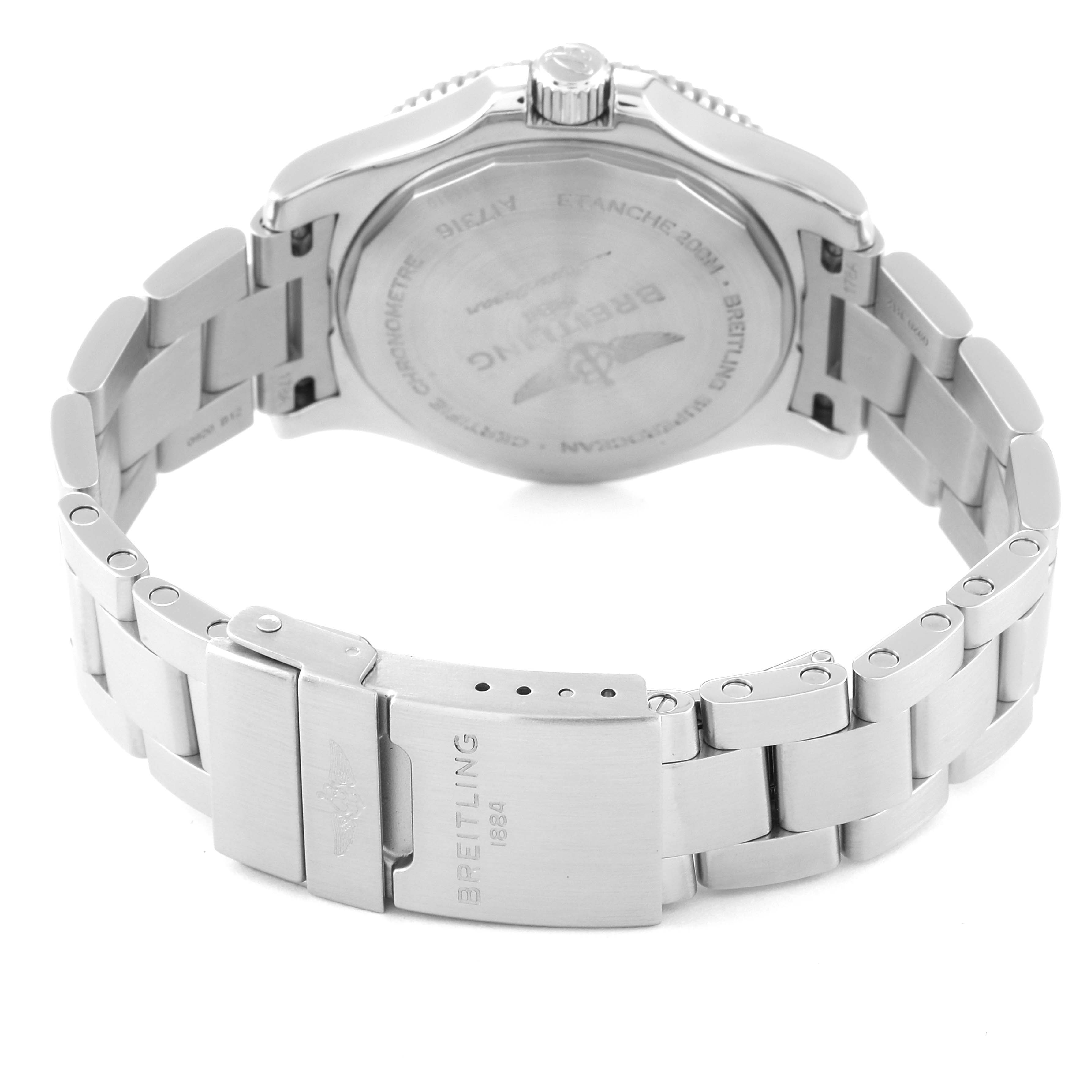 The image shows the back case and clasp of the Breitling A17316 Women's Stainless Steel White Dial A17316 Women's Stainless Steel White Dial Superocean 36mm White Dial Ladies Watch A17316.
