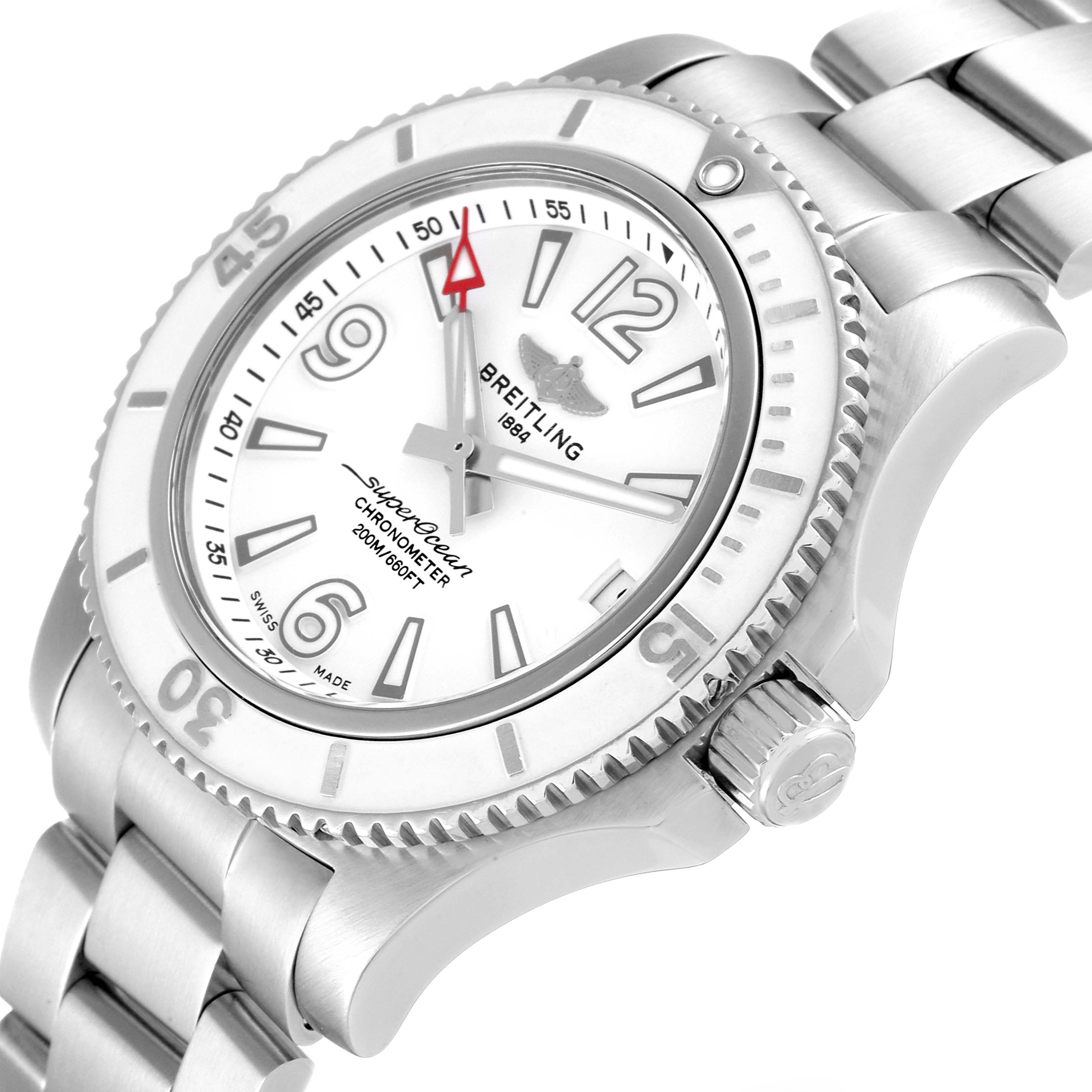 The image shows a close-up of the Breitling A17316 Women's Stainless Steel White Dial A17316 Women's Stainless Steel White Dial Superocean 36mm White Dial Ladies Watch A17316, highlighting the dial, bezel, crown, and part of the bracelet from an angled view.