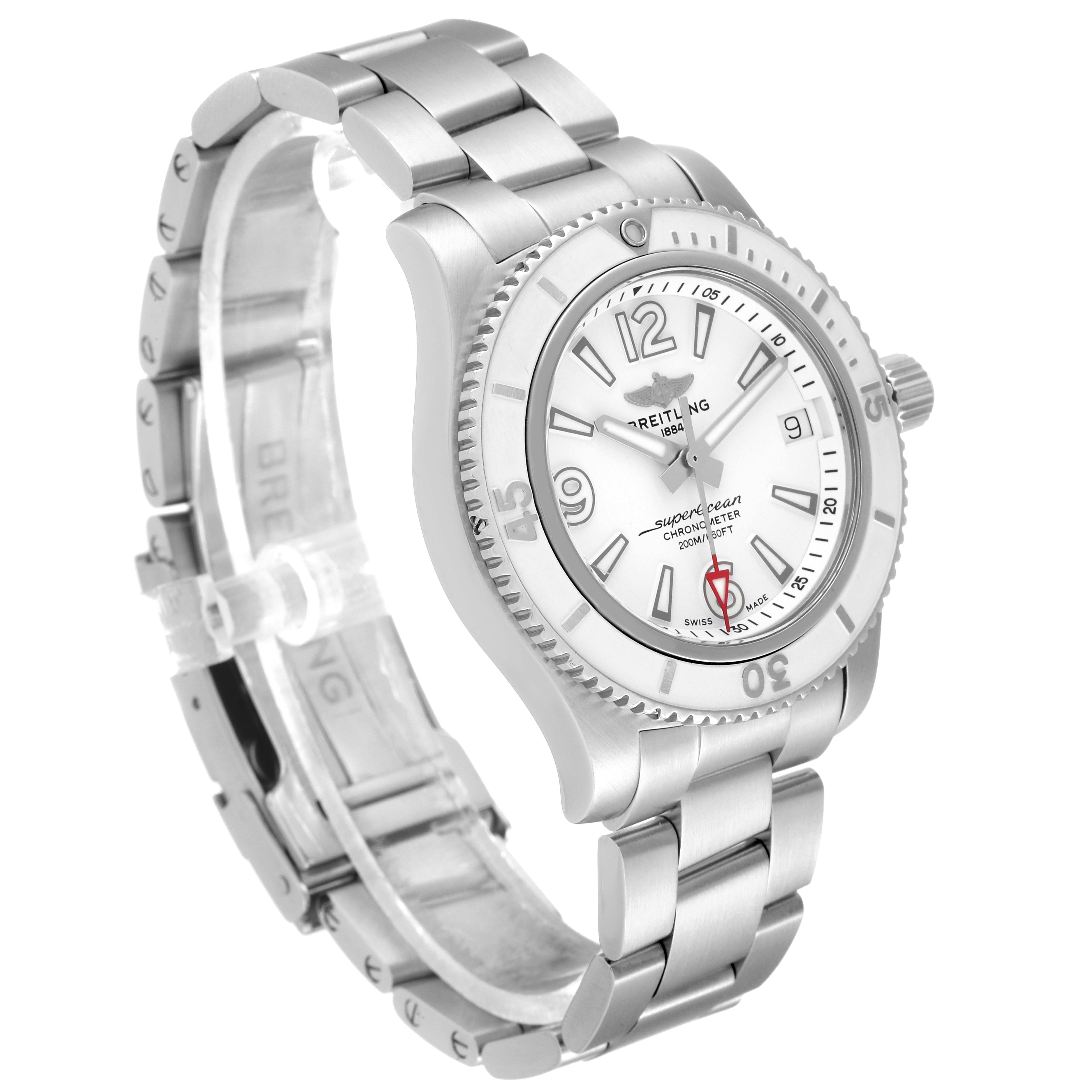 The Breitling A17316 Women's Stainless Steel White Dial A17316 Women's Stainless Steel White Dial Superocean 36mm White Dial Ladies Watch A17316 is shown at an angled side view, displaying the dial, bezel, and bracelet.