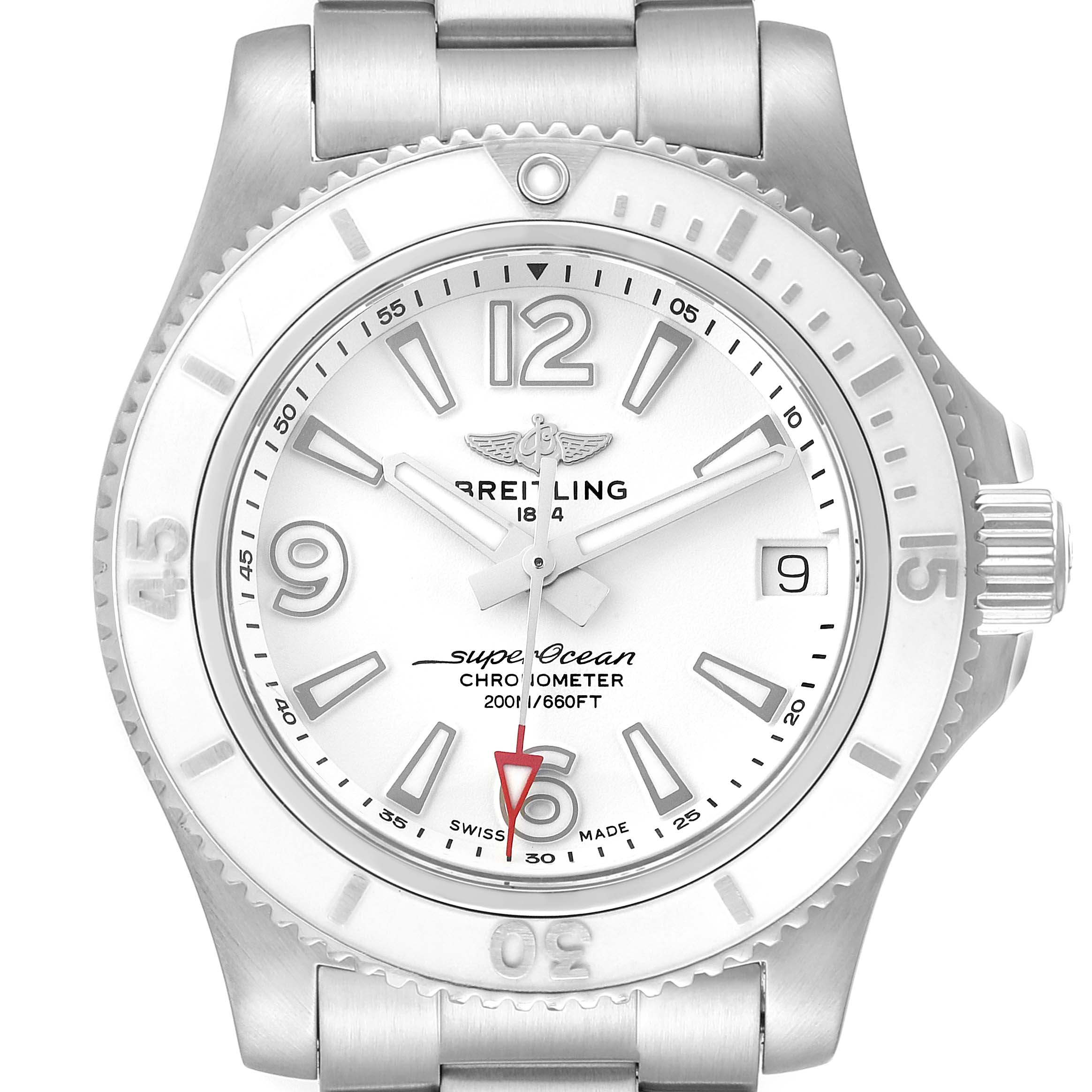 This image shows a front view of the Breitling A17316 Women's Stainless Steel White Dial A17316 Women's Stainless Steel White Dial Superocean 36mm White Dial Ladies Watch A17316, highlighting the dial and bezel.