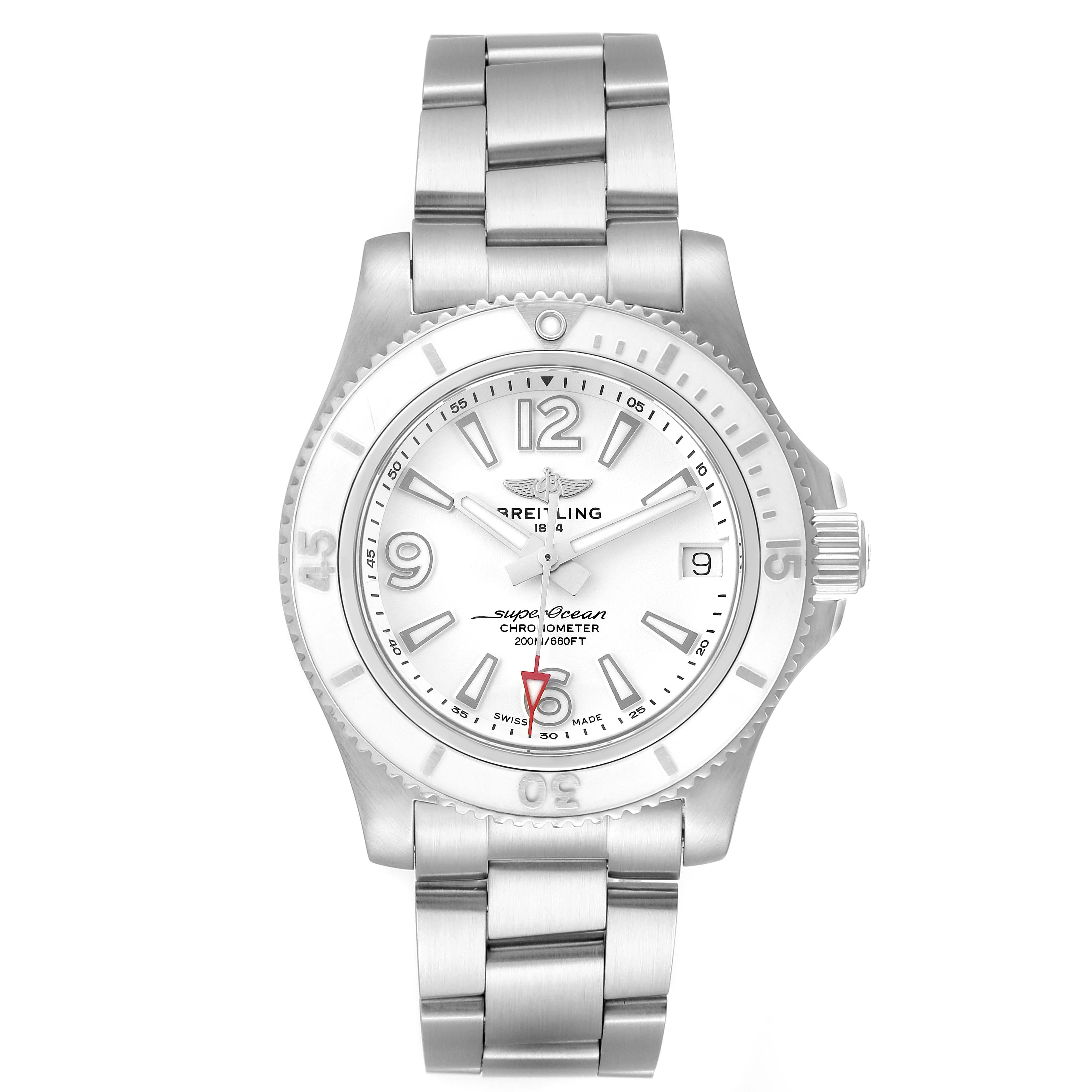 The Breitling A17316 Women's Stainless Steel White Dial A17316 Women's Stainless Steel White Dial Superocean 36mm A17316 Ladies Watch is shown from the front, displaying the white dial, bezel, bracelet, and crown.