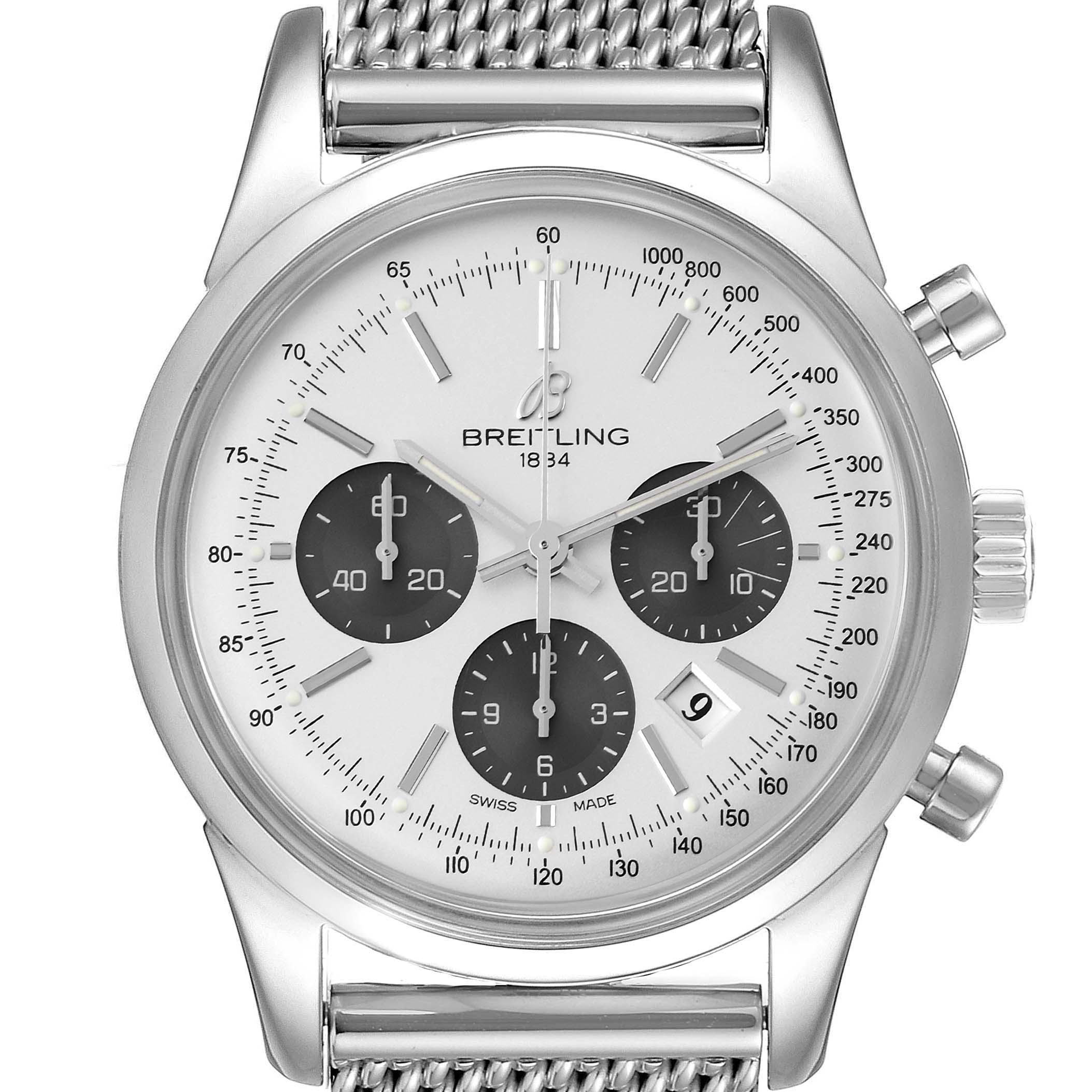 The Breitling Transocean AB015212/G724 Men's Stainless Steel Silver Dial AB015212/G724 Men's Stainless Steel Silver Dial watch is shown from a front angle, highlighting its dial, chronograph subdials, and mesh bracelet.