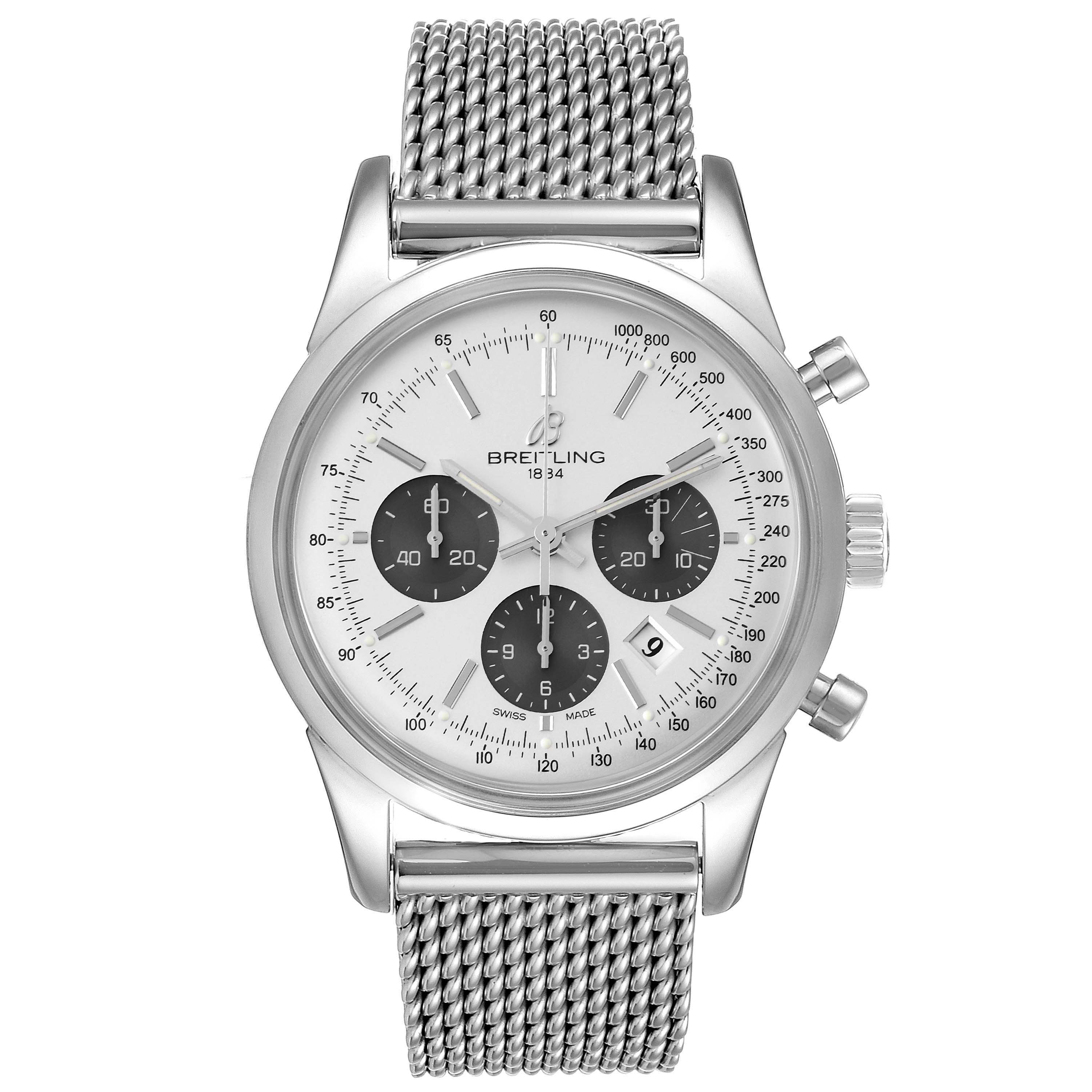 The image shows a front view of the Breitling Transocean AB015212/G724 Men's Stainless Steel Silver Dial AB015212/G724 Men's Stainless Steel Silver Dial watch featuring its mesh strap, three subdials, and date window.