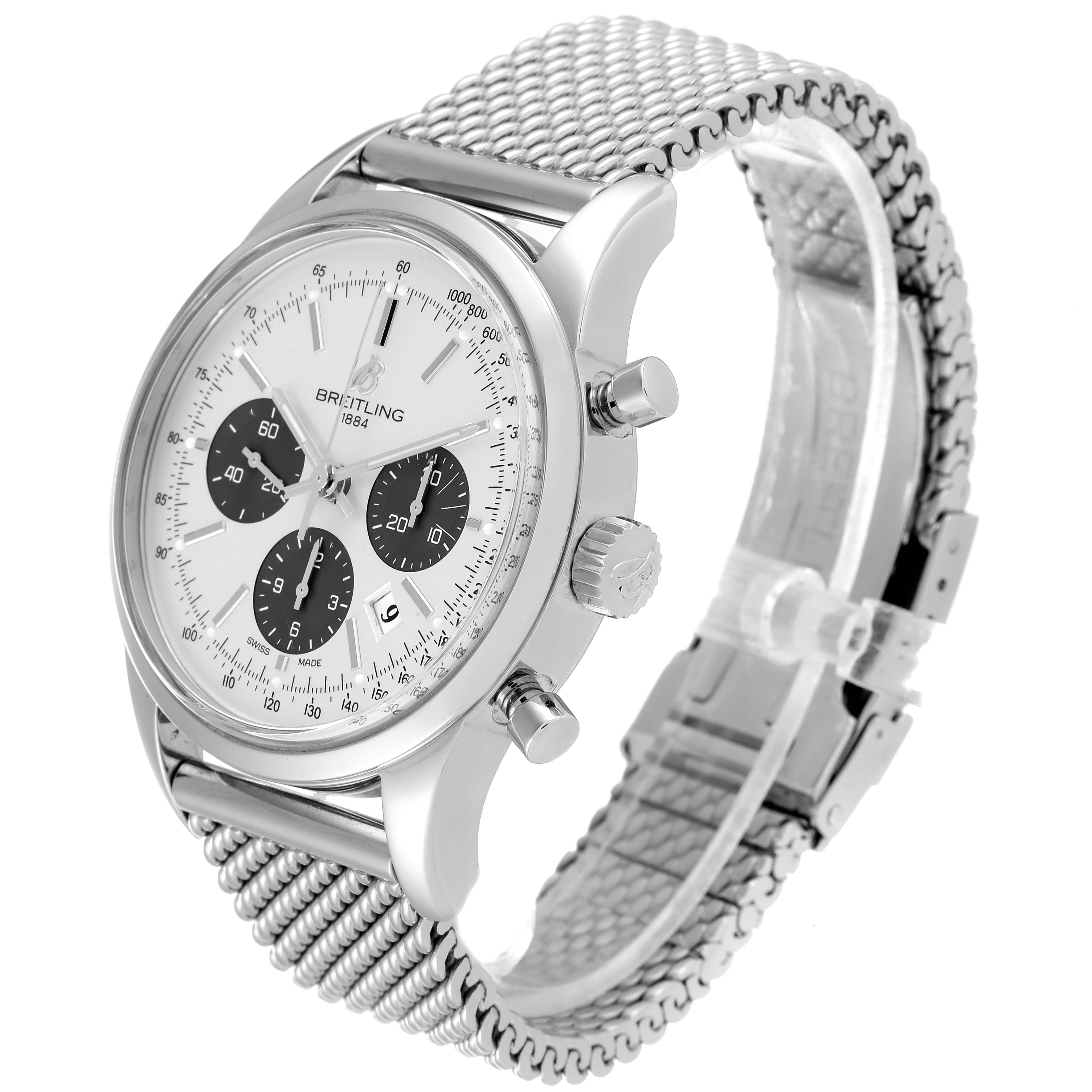 This image shows a close-up side angle of the Breitling Transocean AB015212/G724 Men's Stainless Steel Silver Dial AB015212/G724 Men's Stainless Steel Silver Dial watch displaying its mesh band, crown, and chronograph dials.