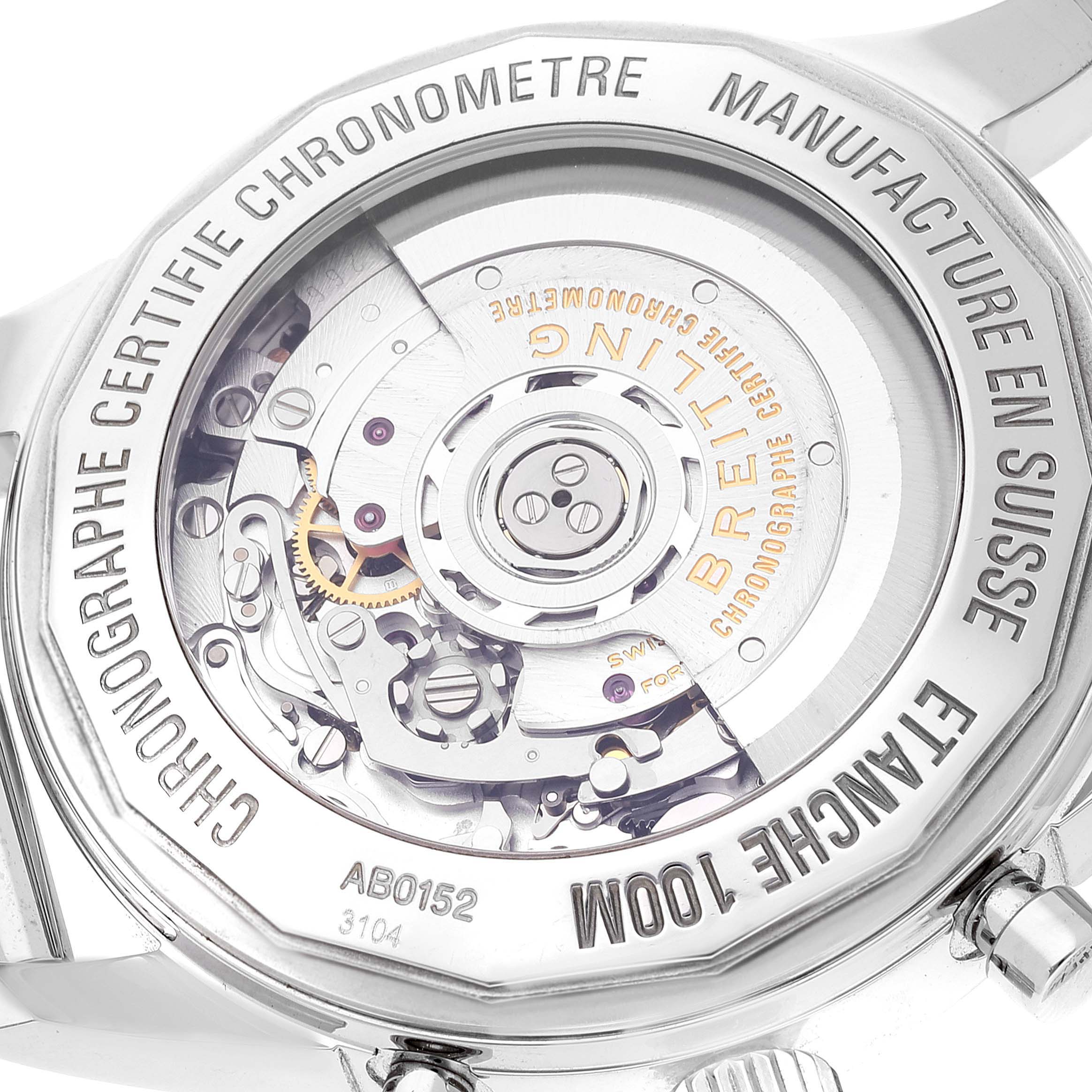 The image shows the case back and movement of a Breitling Transocean AB015212/G724 Men's Stainless Steel Silver Dial AB015212/G724 Men's Stainless Steel Silver Dial watch.