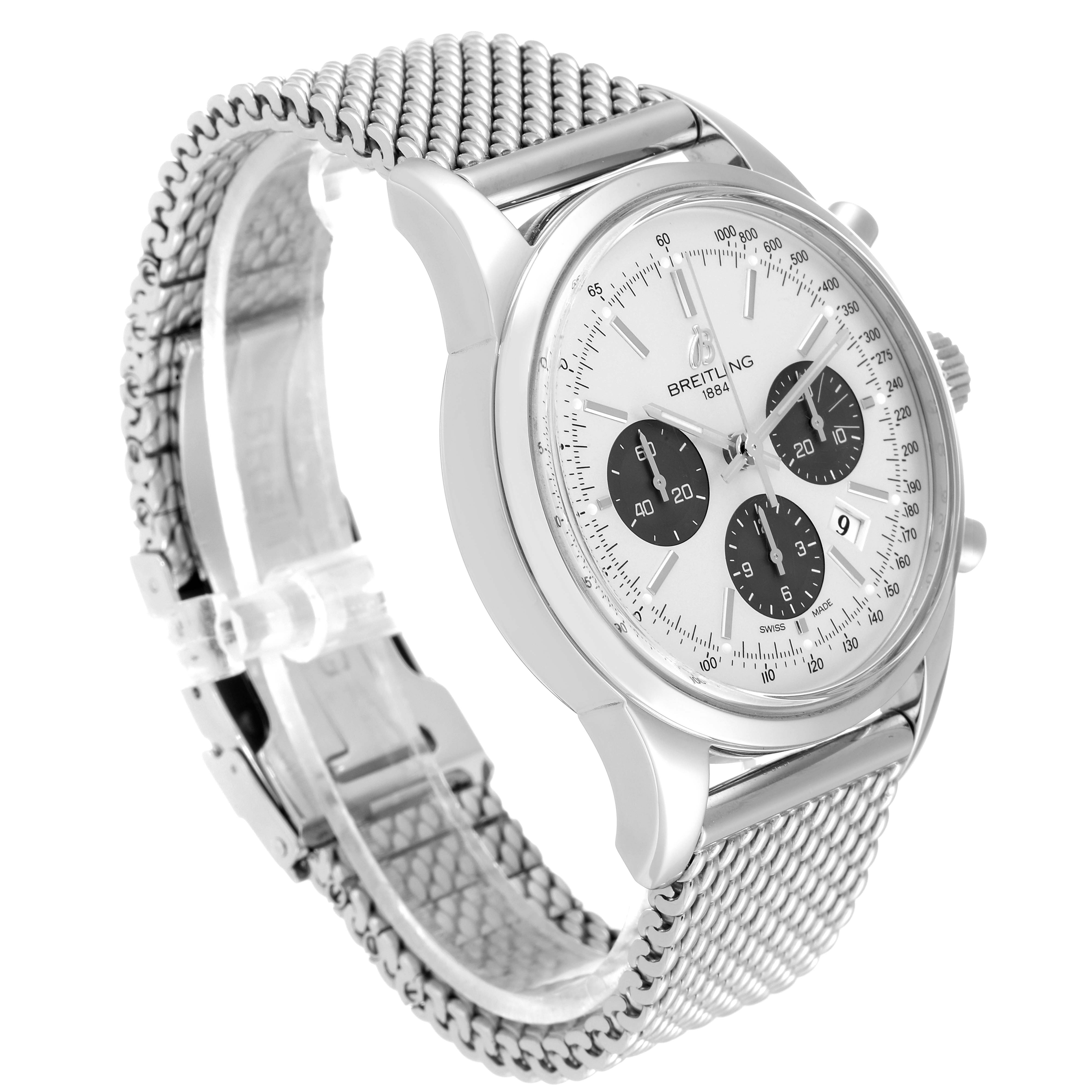 This image shows a side-front angle of the Breitling Transocean AB015212/G724 Men's Stainless Steel Silver Dial AB015212/G724 Men's Stainless Steel Silver Dial watch, highlighting its mesh band and chronograph face.