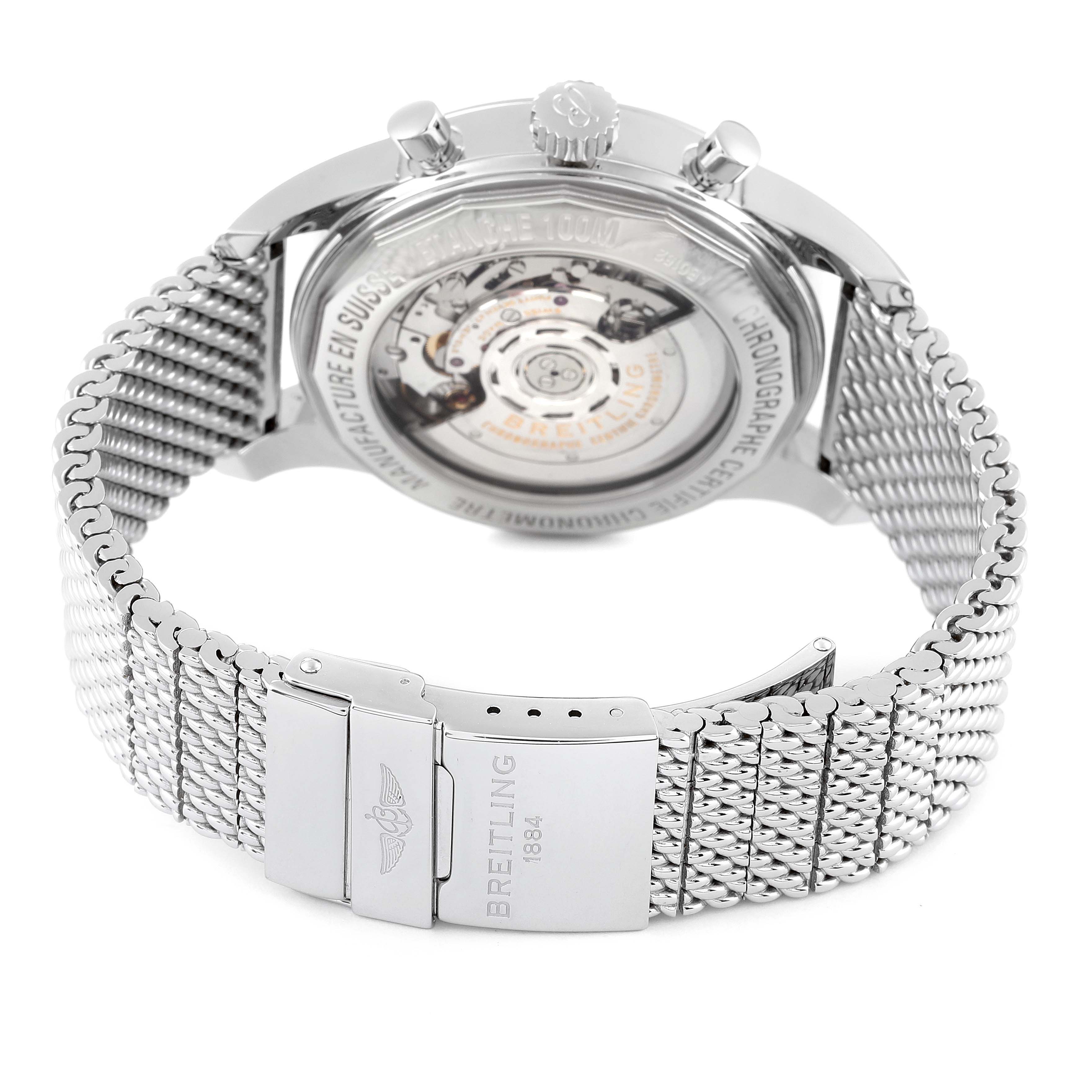 The image shows the back view of a Breitling Transocean AB015212/G724 Men's Stainless Steel Silver Dial AB015212/G724 Men's Stainless Steel Silver Dial watch, highlighting its stainless steel bracelet and transparent case back.