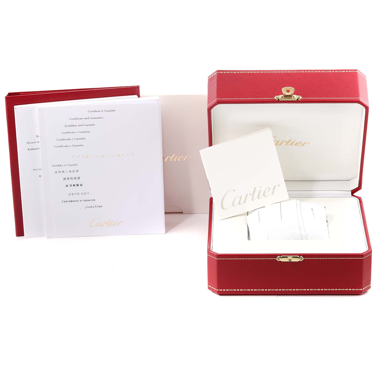 The image shows the packaging and documentation for a Ballon Bleu model by Cartier, including the red box and various booklets.