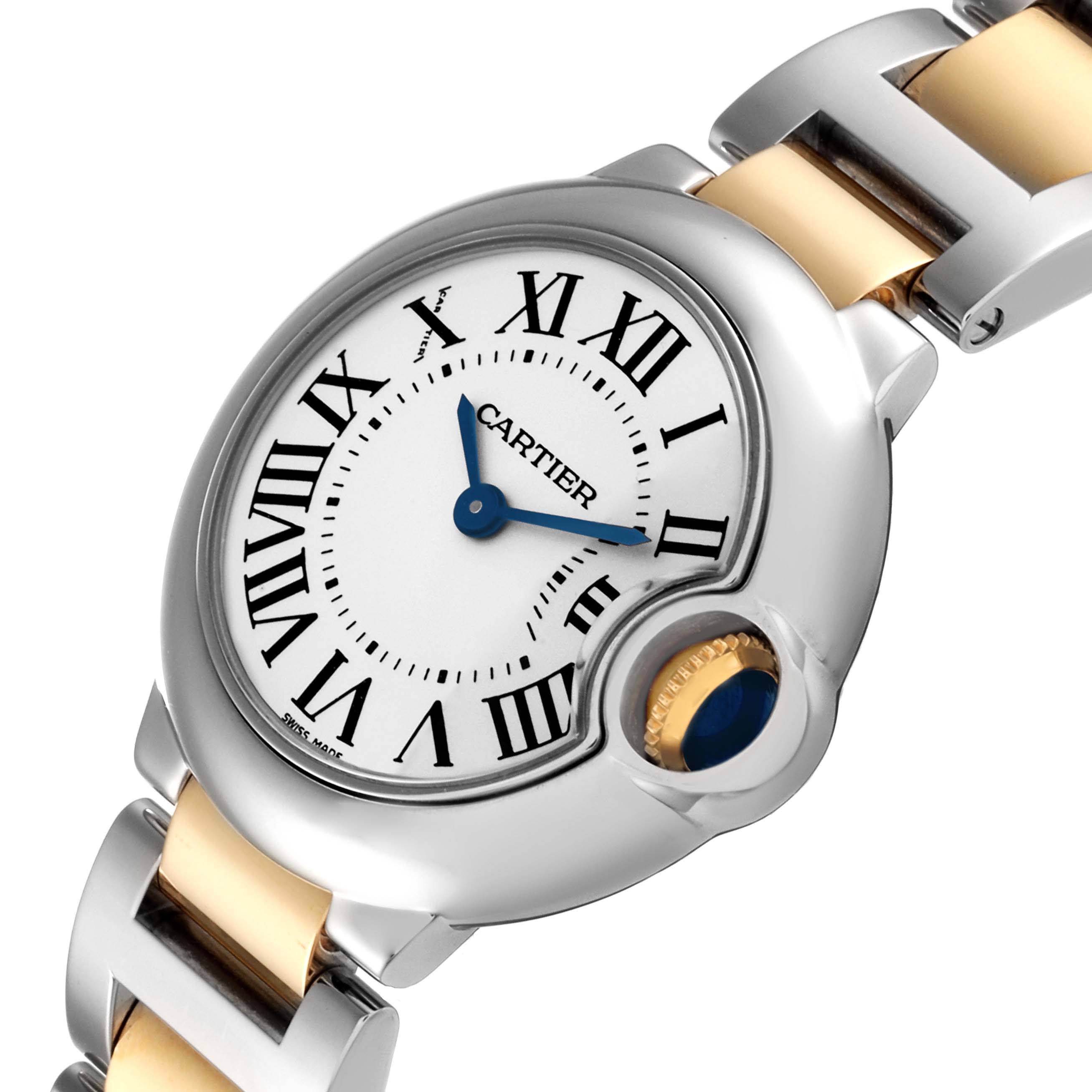 The image shows a close-up angle of a Cartier Ballon Bleu W2BB0010 Women's Steel and Gold (two tone) White Dial W2BB0010 Women's Steel and Gold (two tone) White Dial watch, highlighting the face and part of the bracelet.